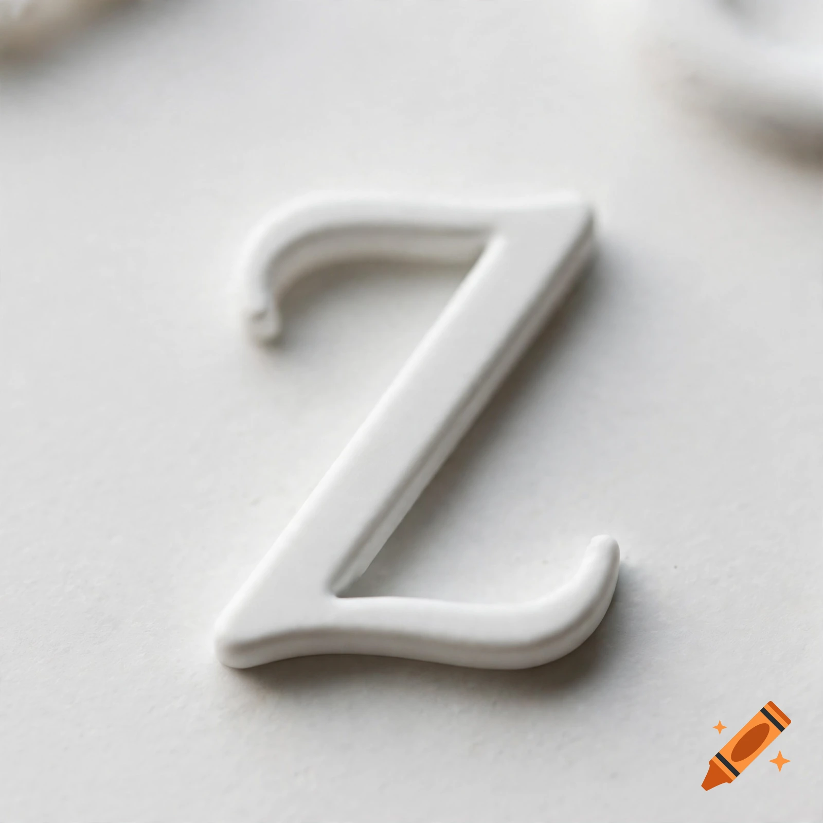 Close-up of a white, glossy ceramic letter Z on a textured white background.