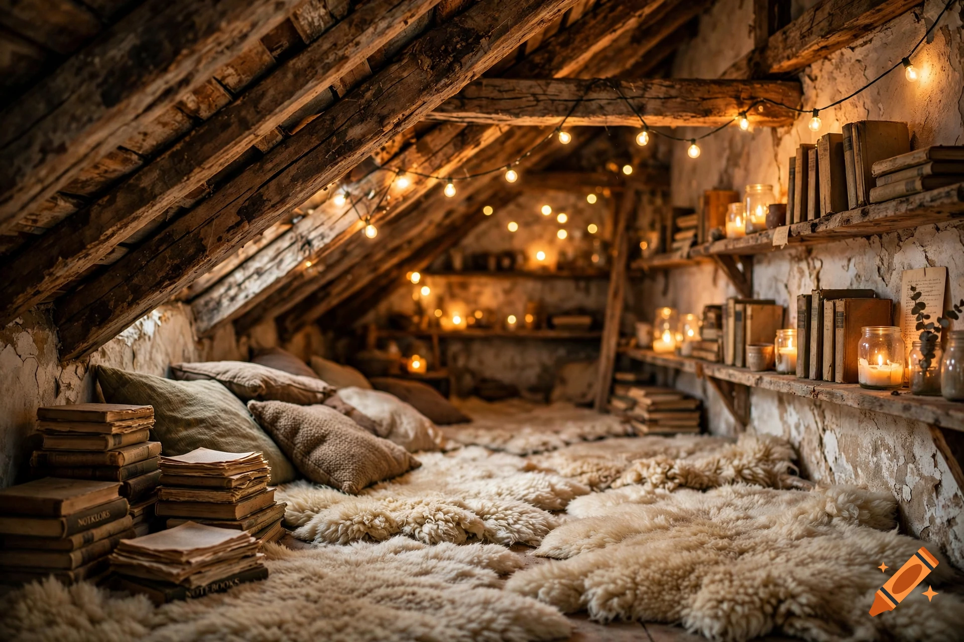 Cozy attic room with wooden beams, fairy lights, sheepskin rugs on the floor, and shelves lined with old books and candles.