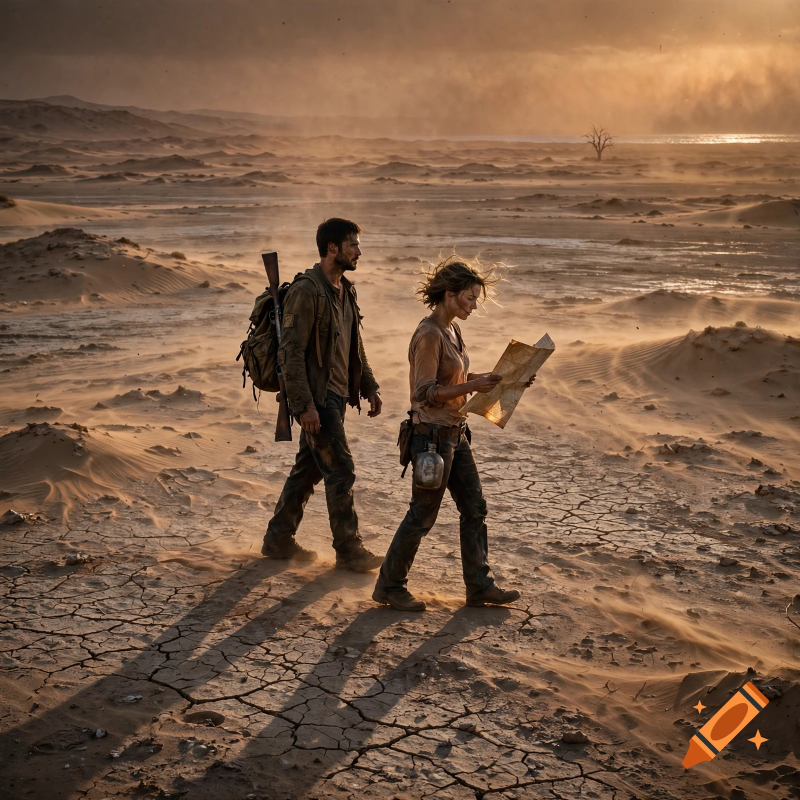 A man and woman walk across a dry, cracked desert landscape during a dust storm, with the woman holding a map.