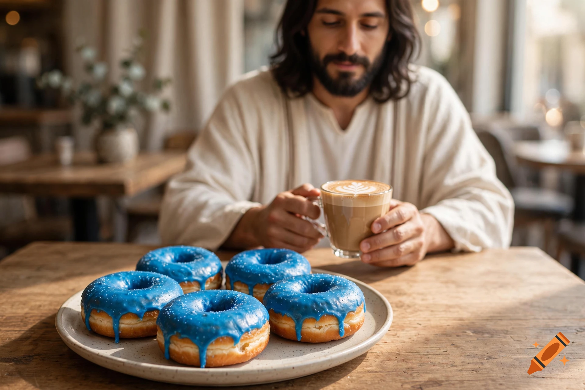 A man with long dark hair and a beard sits at a wooden table in a cafe, holding a cup of coffee with latte art. A plate of five blue-glazed donuts sits on the table in front of him.