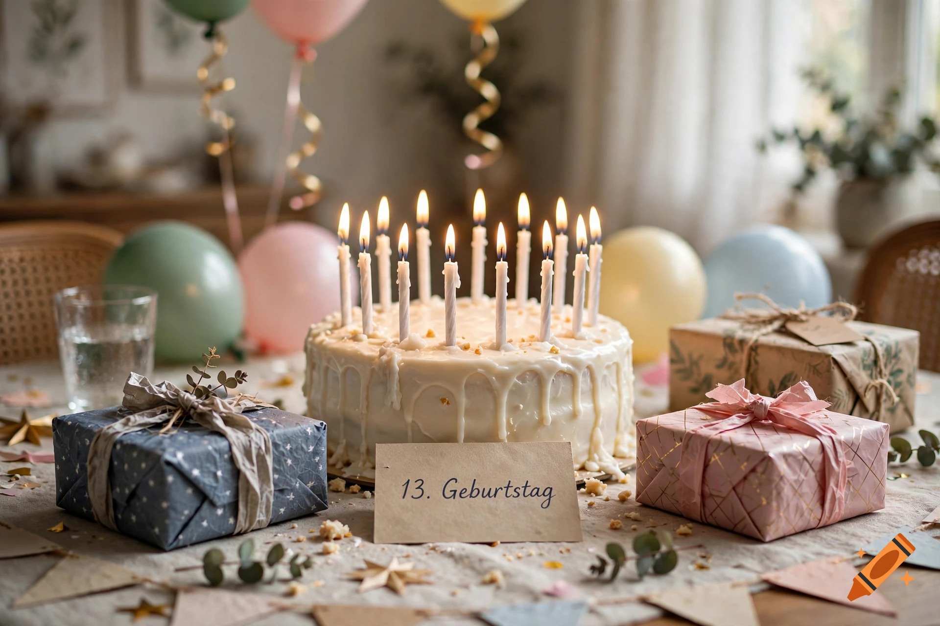 Photorealistic birthday cake with lit candles and gift boxes on a decorated table.