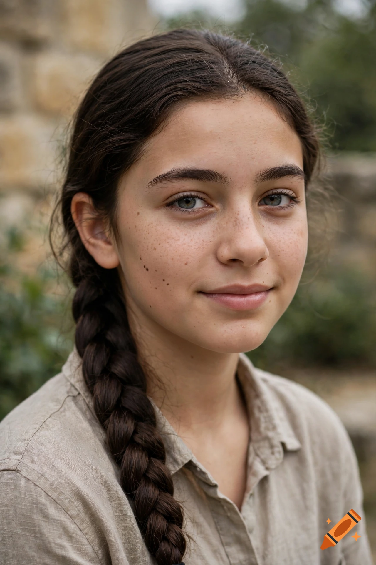 Photorealistic close-up portrait of a fourteen-year-old girl with olive skin, freckles, grey eyes, and a dark hair braid.