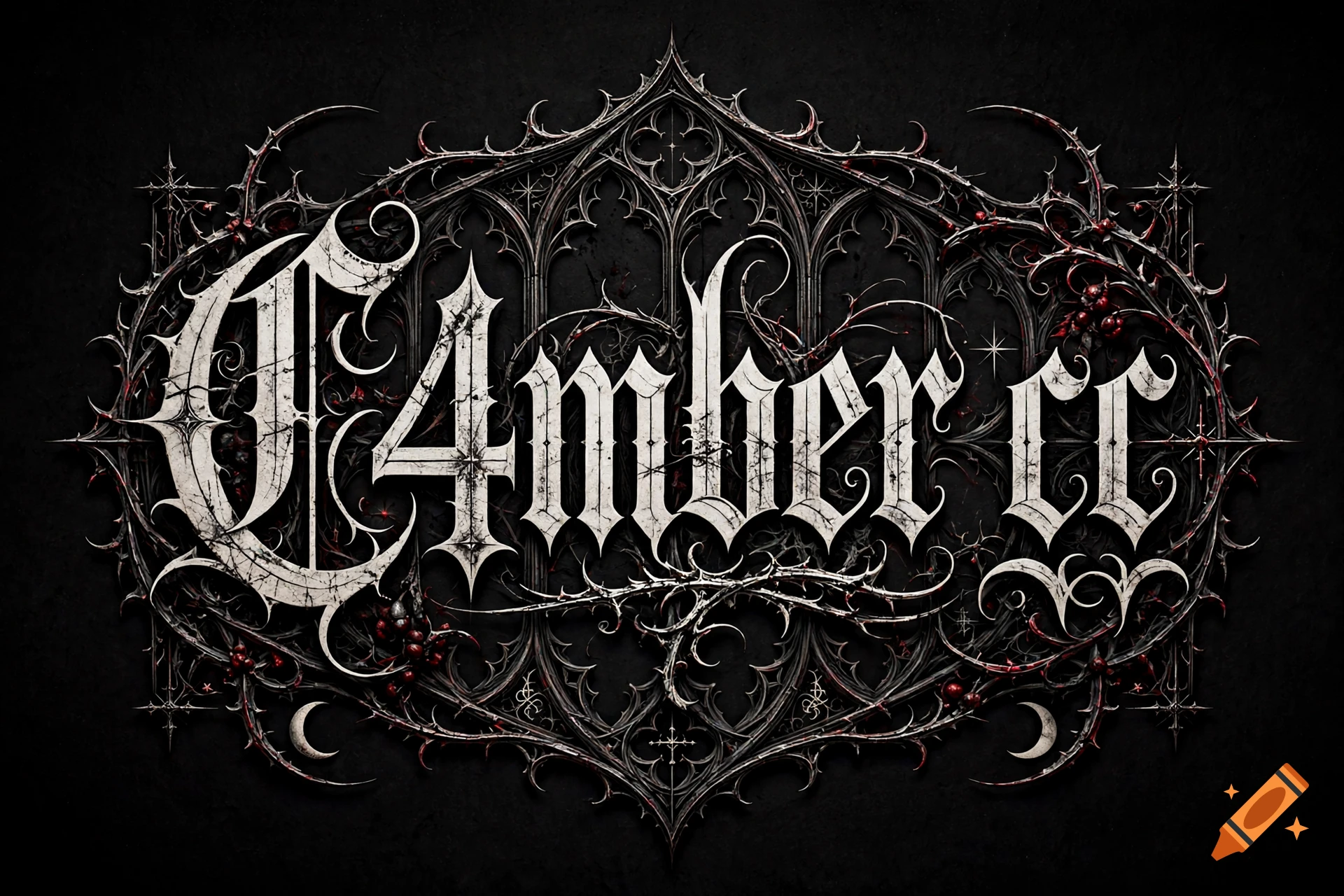 Gothic ornate lettering spelling C4mber cc in white on a black textured background with thorn details.
