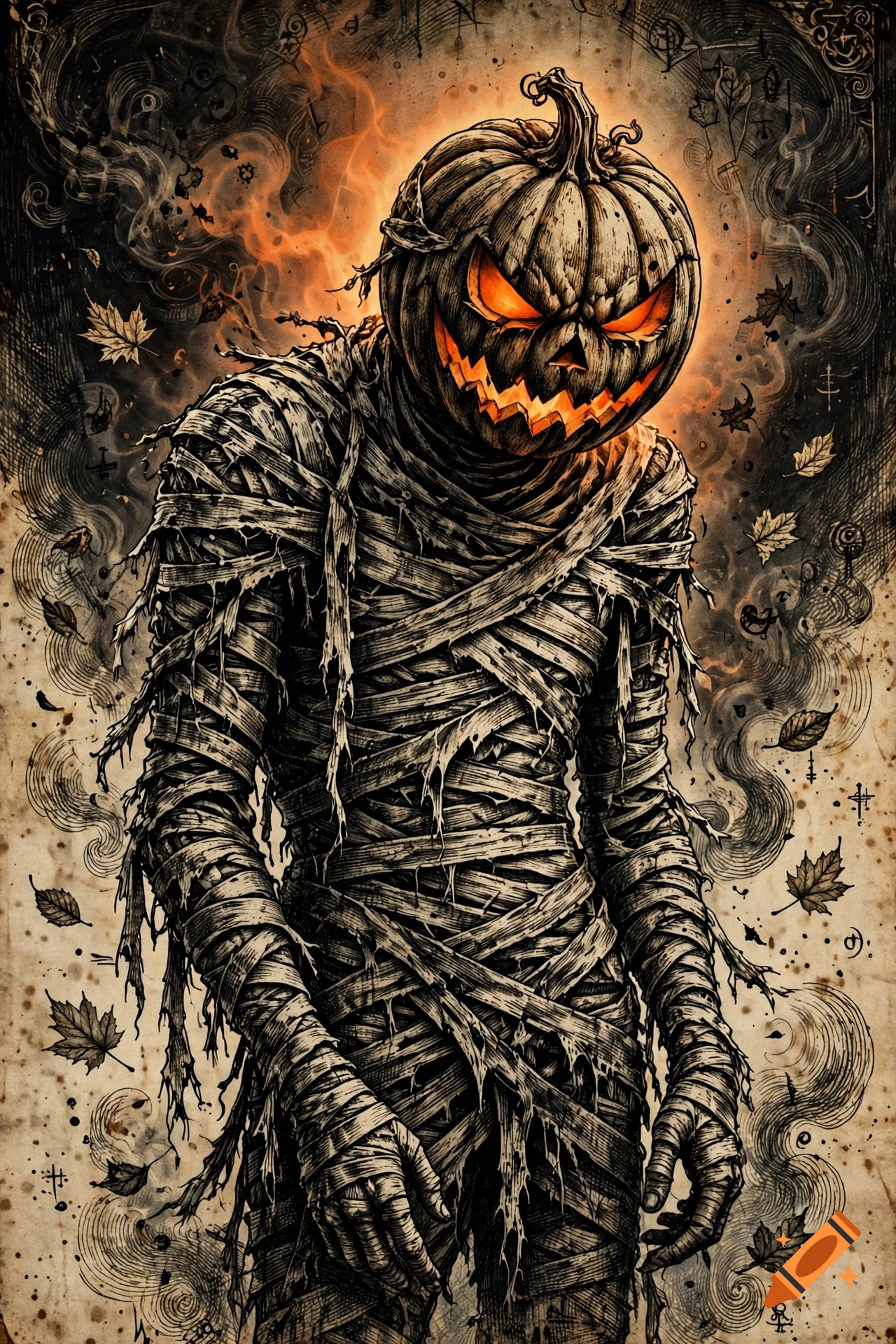 Ink illustration of a mummy with a glowing pumpkin head, surrounded by smoke and autumn leaves.