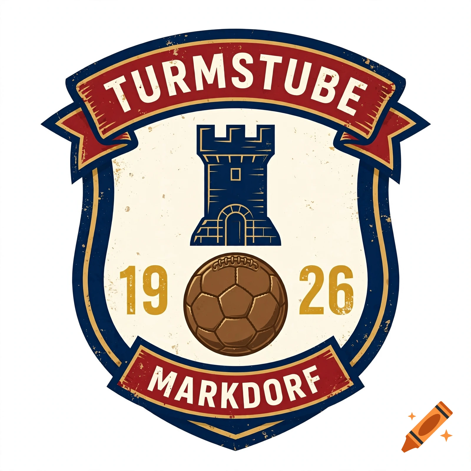 Vintage football club crest for Turmstube Markdorf with a tower and leather ball, 1950s retro style.