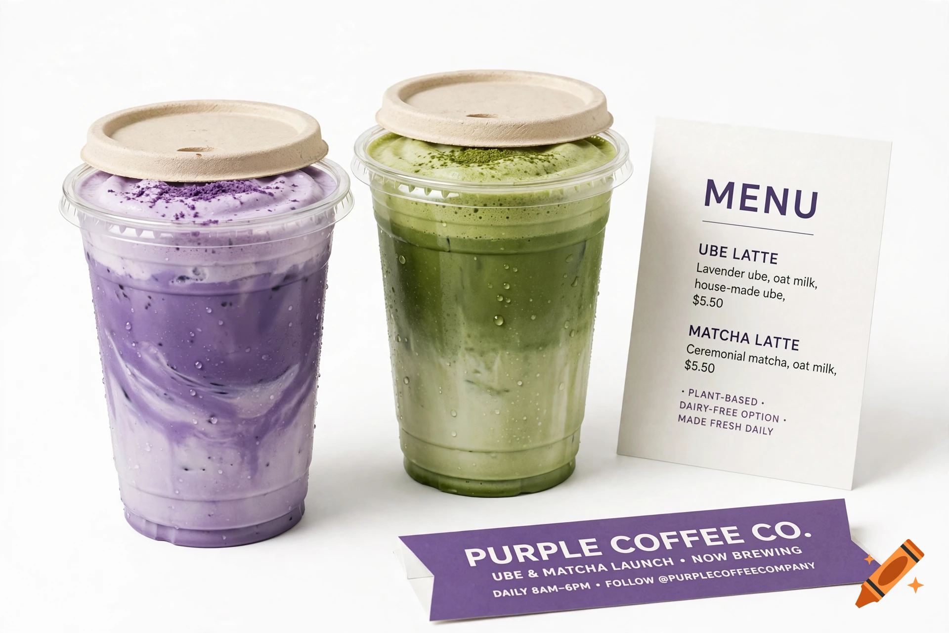 Photorealistic image of an ube latte and a matcha latte in plastic cups with lids, accompanied by a menu and banner on a white background.