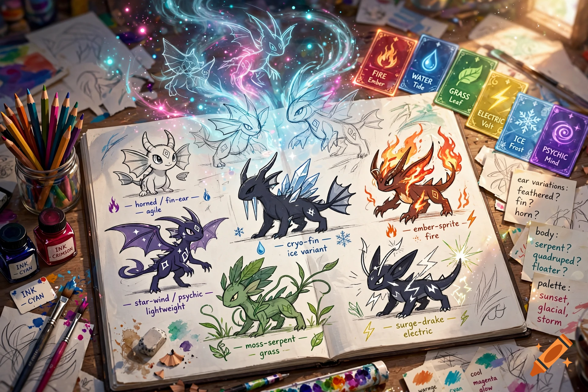 An artist's sketchbook featuring hand-drawn illustrations of fantasy monster concepts resembling elemental pokemon, surrounded by art supplies.