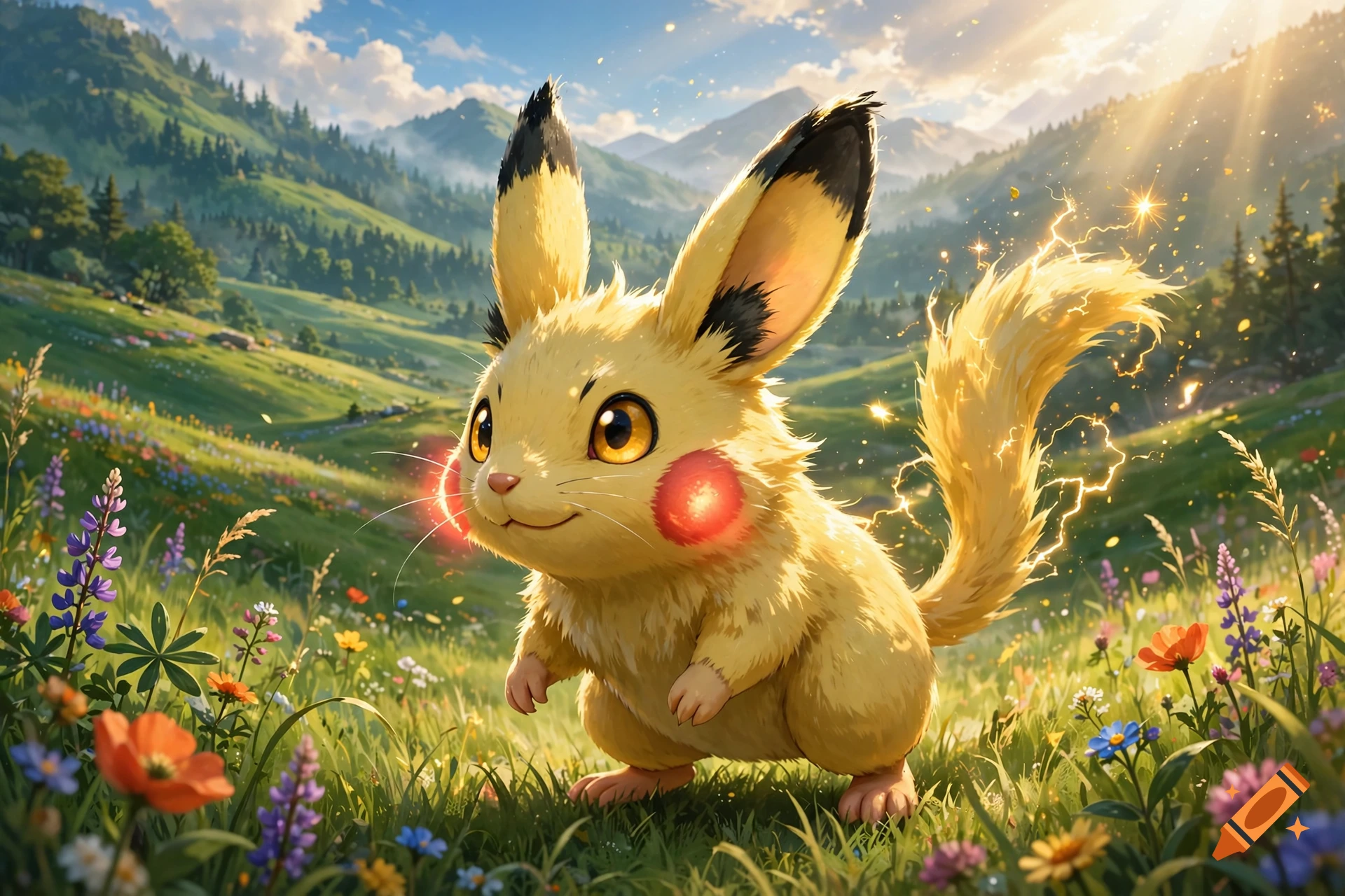 An electric mouse-like creature with glowing cheeks and a lightning-bolt shaped tail stands in a vibrant grassy meadow filled with colorful wildflowers, with rolling hills and mountains in the background under a sunny sky.