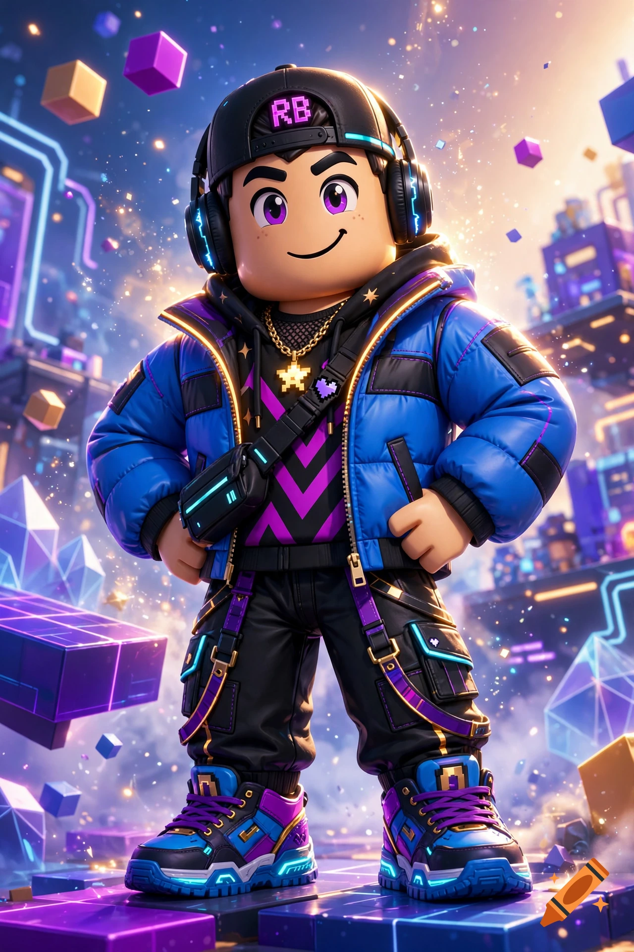 3D digital illustration of a Roblox-style avatar character in a futuristic city with glowing cubes.