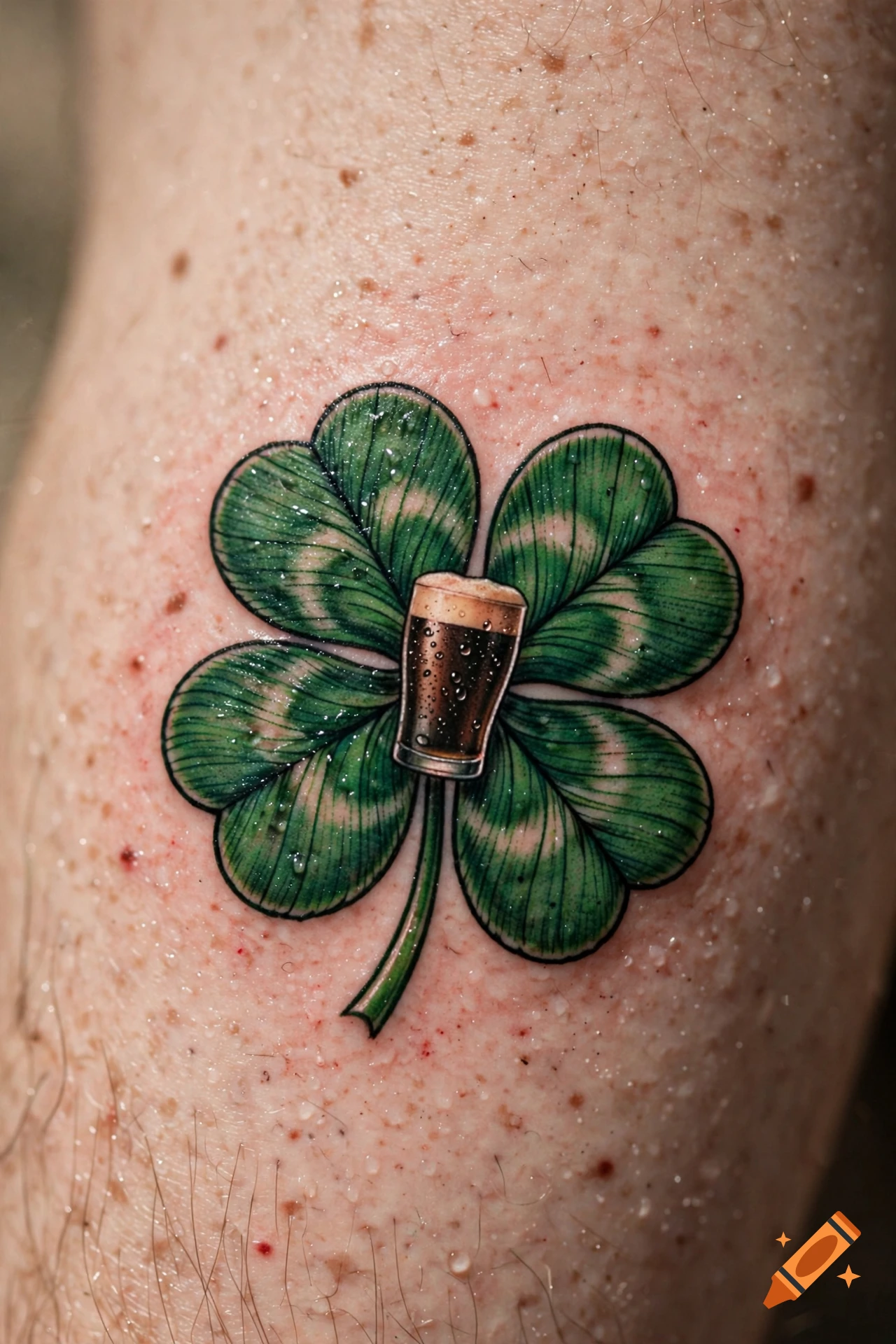 Close-up photorealistic tattoo of a four-leaf clover with a small pint of dark beer in the center, on skin.