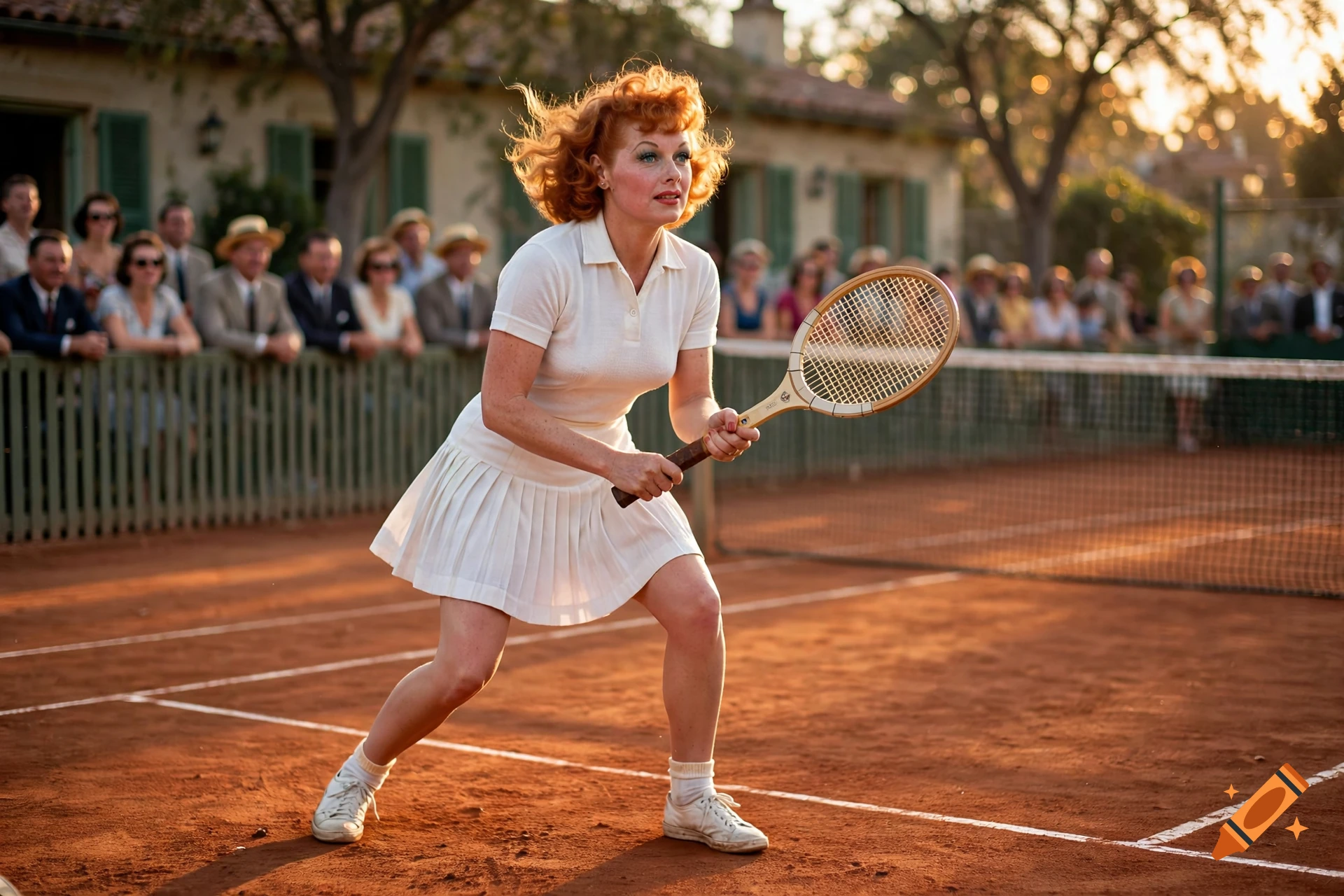 Photorealistic image of Lucille Ball playing tennis on a clay court with spectators in the background.