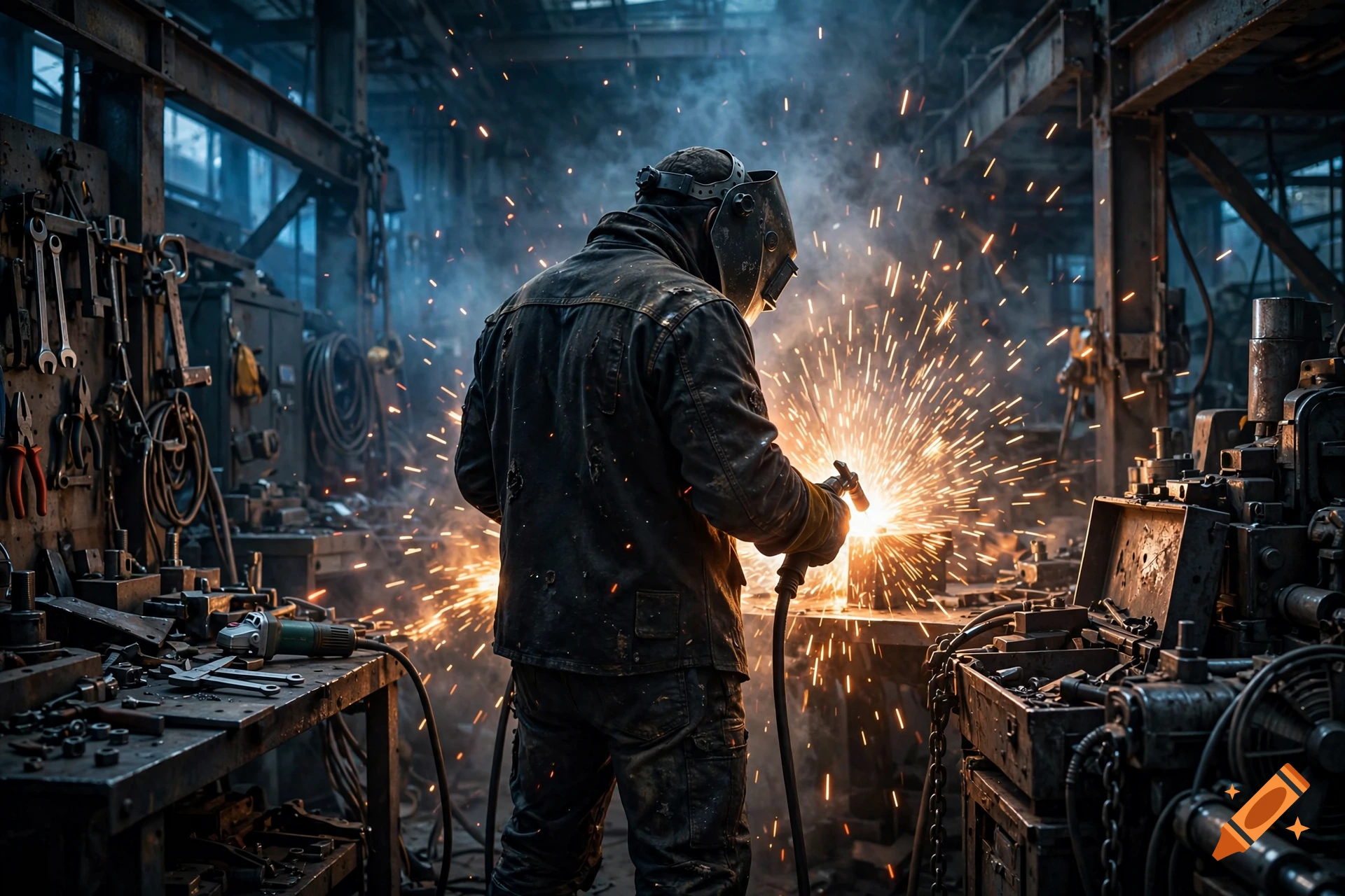 Illustration of a welder in a workshop from behind, working with sparks flying.