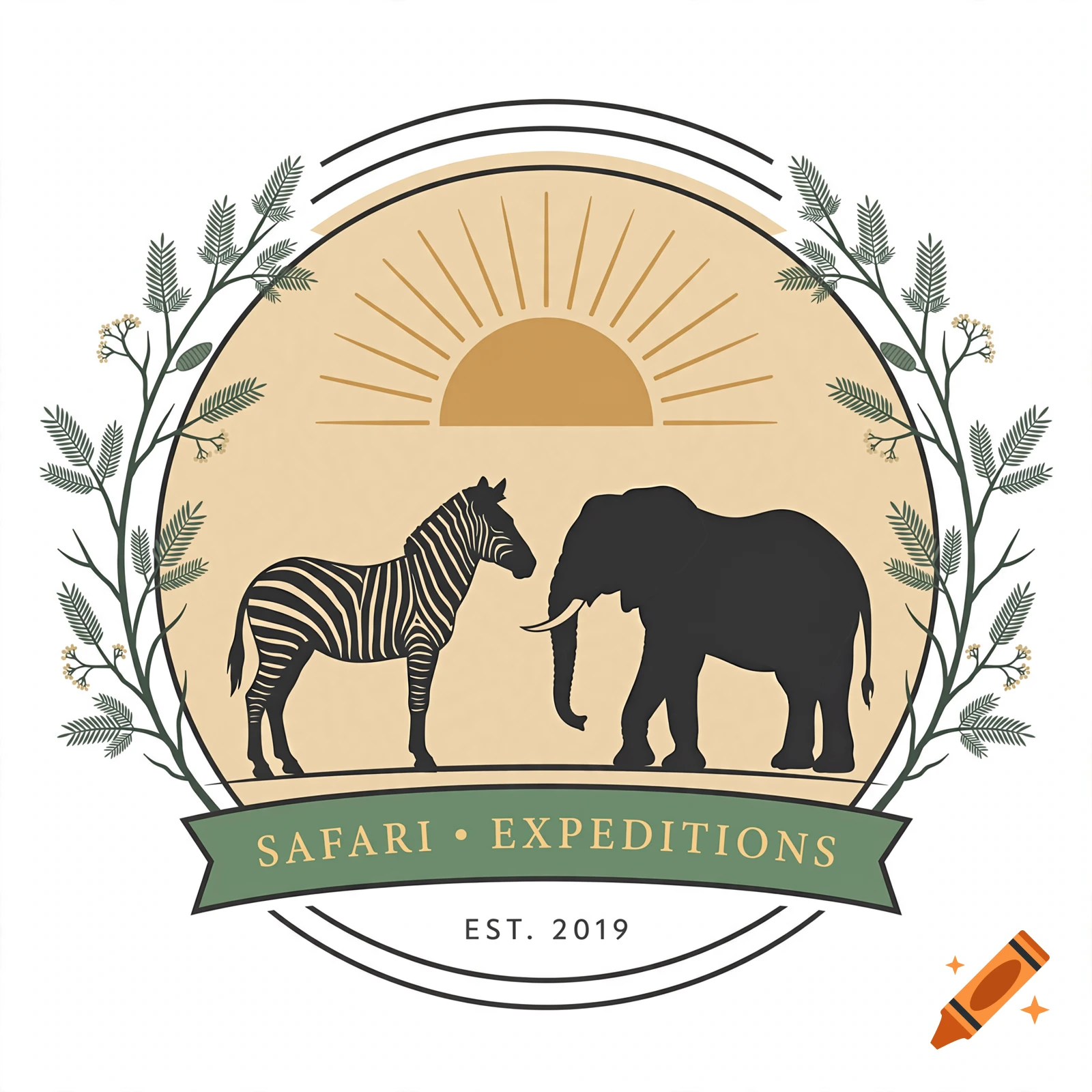 Circular safari expeditions logo featuring a zebra, an elephant, and a rising sun in vector style.