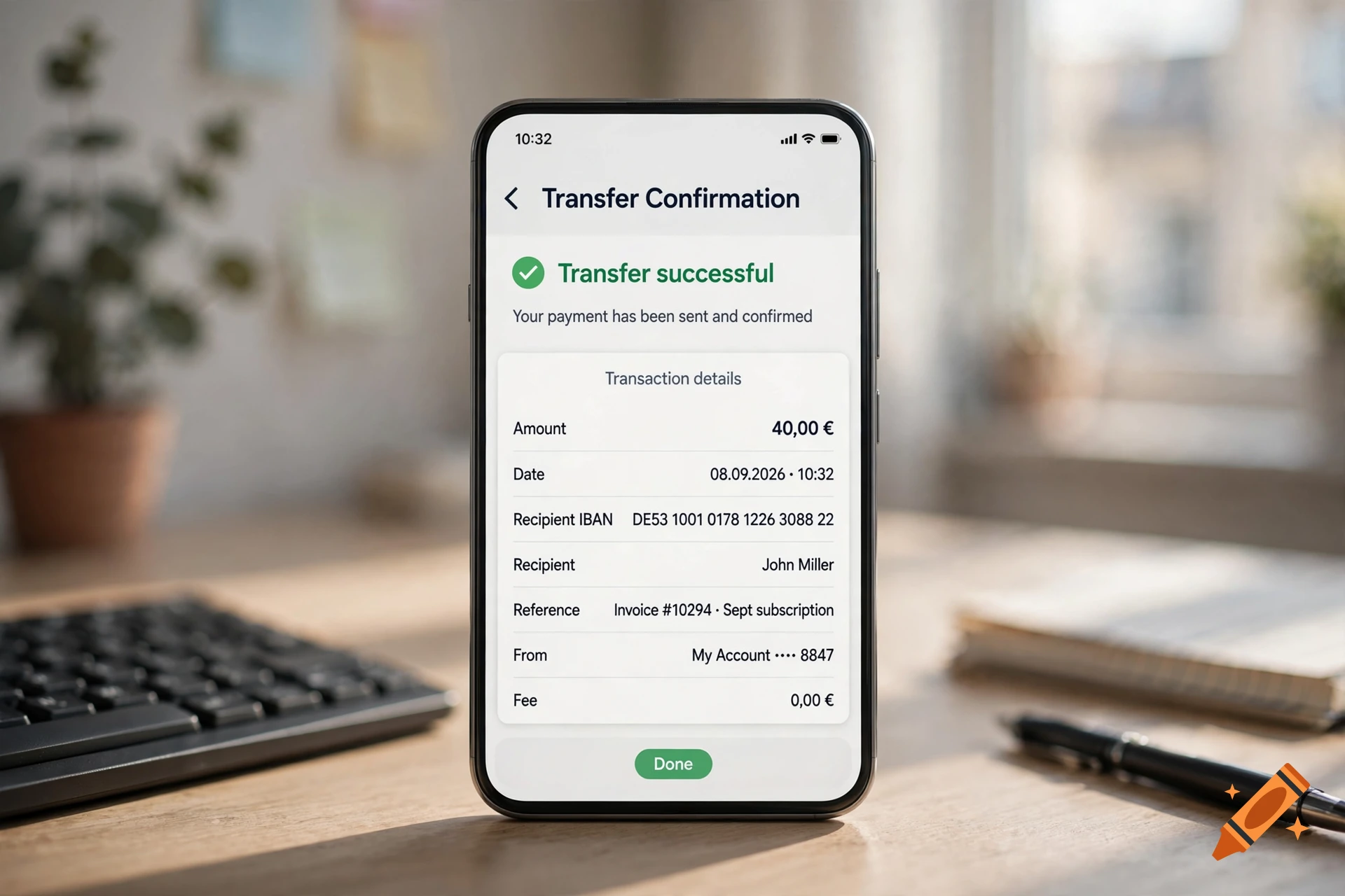 A smartphone on a wooden desk displaying a successful bank transfer confirmation screen.
