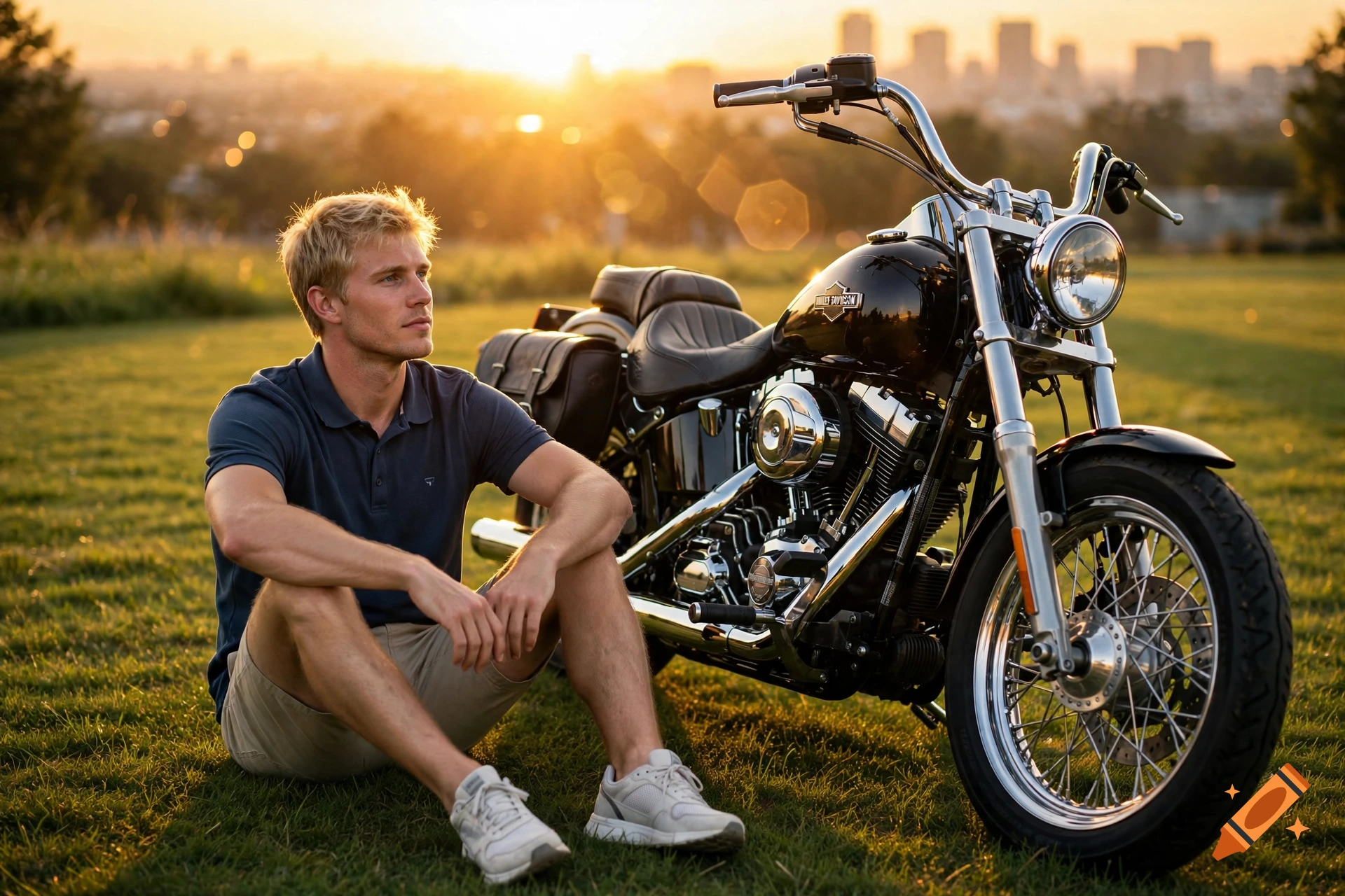 A young blonde man sitting on the grass next to a motorcycle during a sunset with a city skyline in the background.