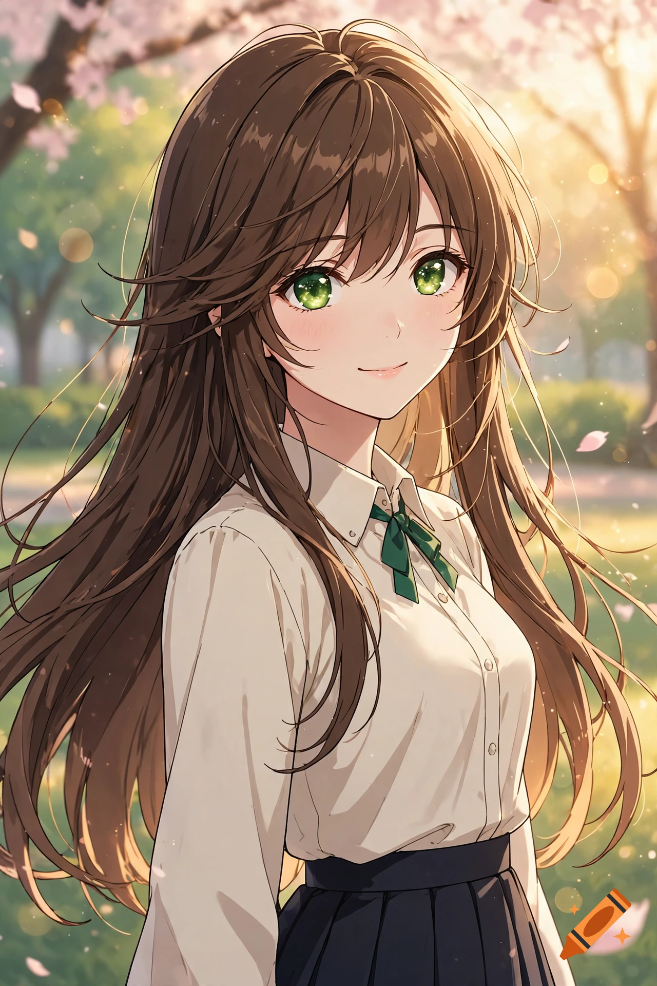 Anime style illustration of a smiling girl with long brown hair and bright green eyes in front of a park setting.