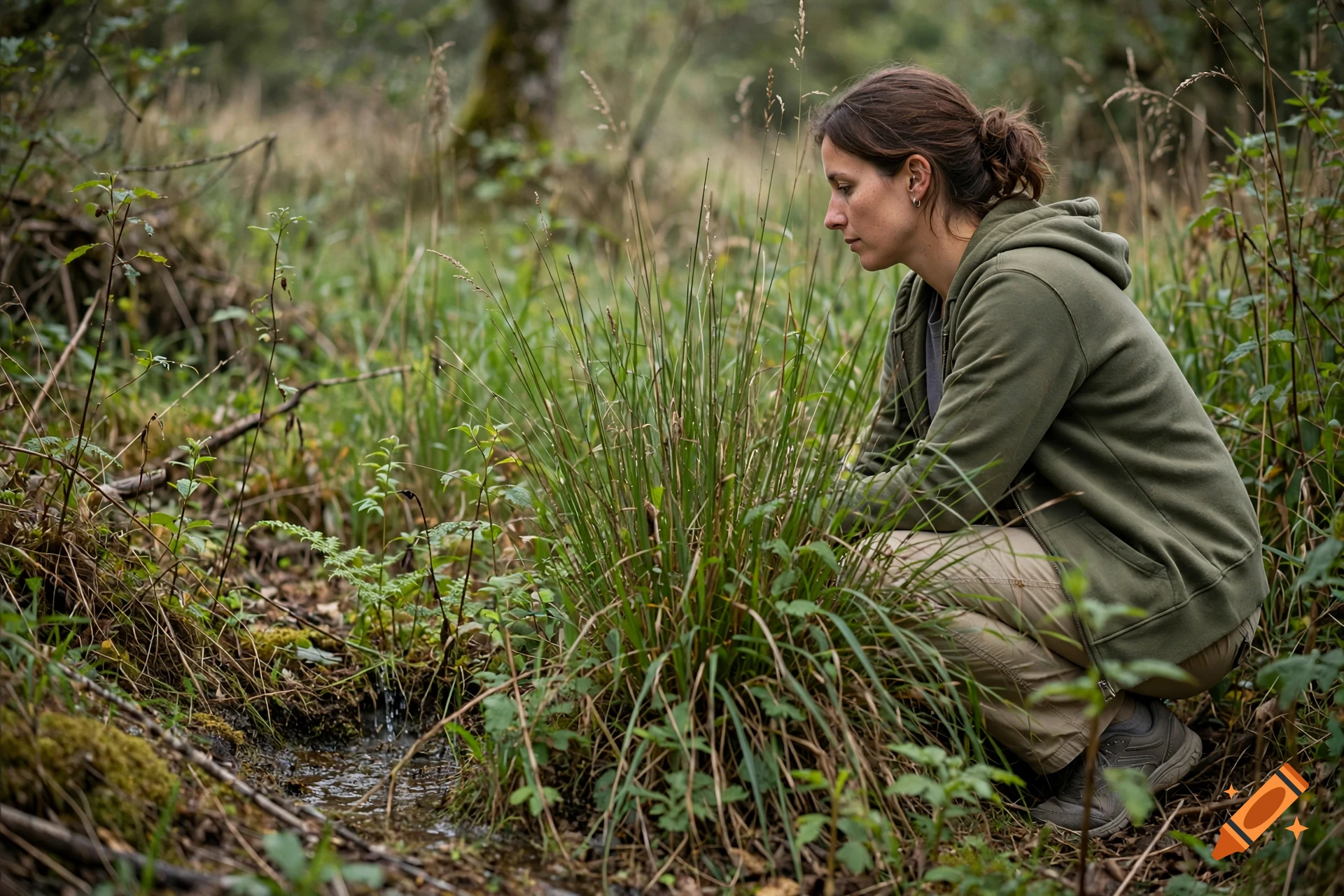 A young woman wearing a green hoodie squatting near a small stream in a forest.