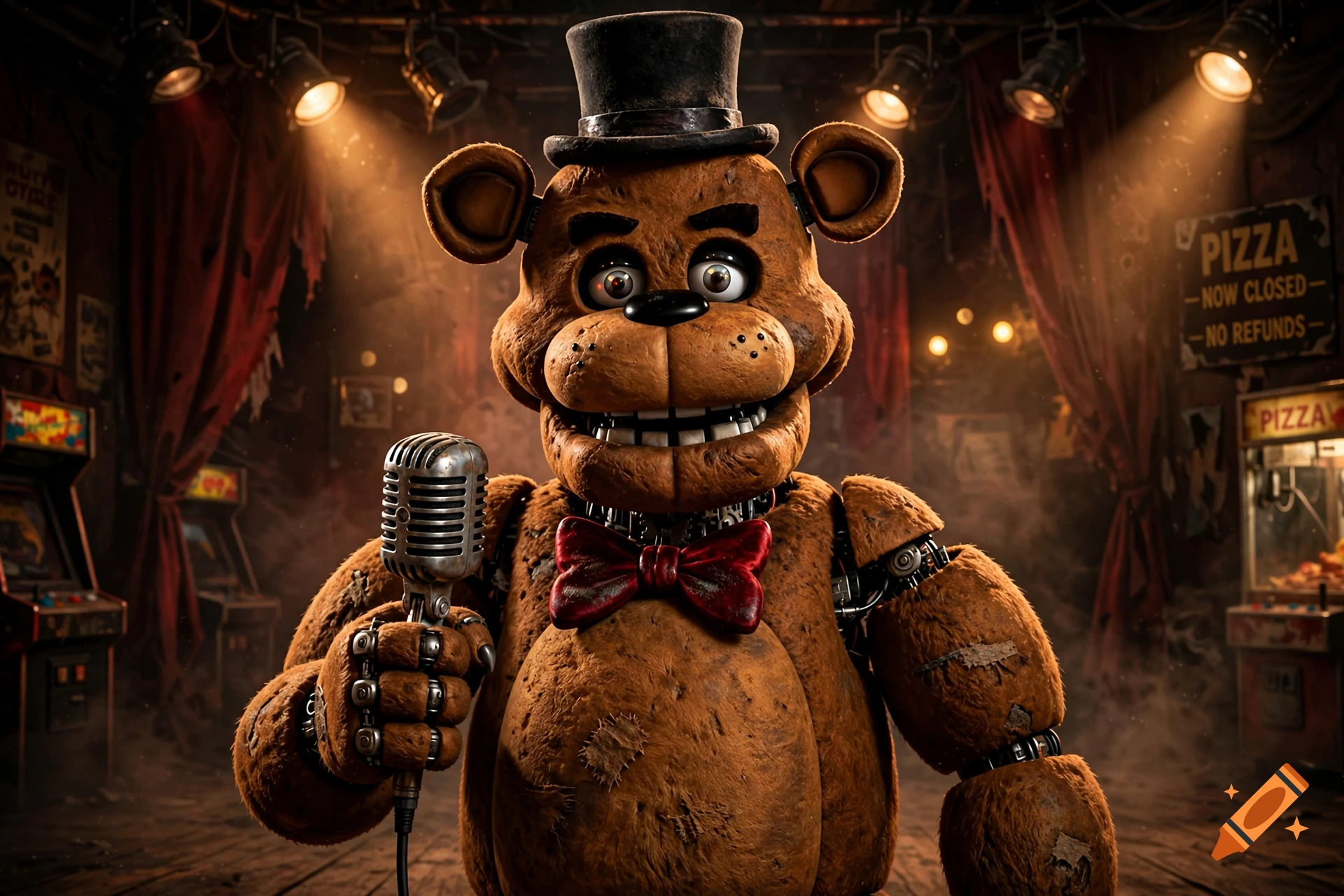 Photorealistic 3D render of Freddy Fazbear holding a microphone on a stage with a top hat and bowtie.