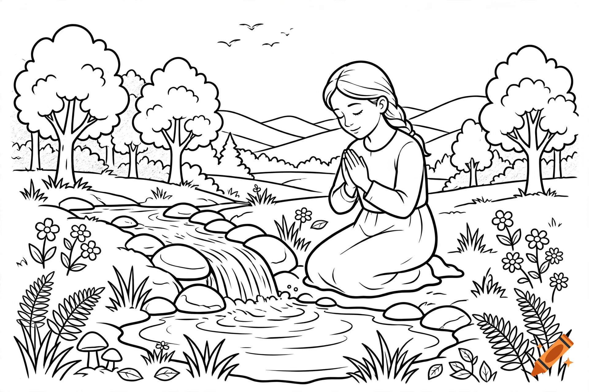 Black and white coloring page of a woman praying by a stream in a forest with mountains in the background.