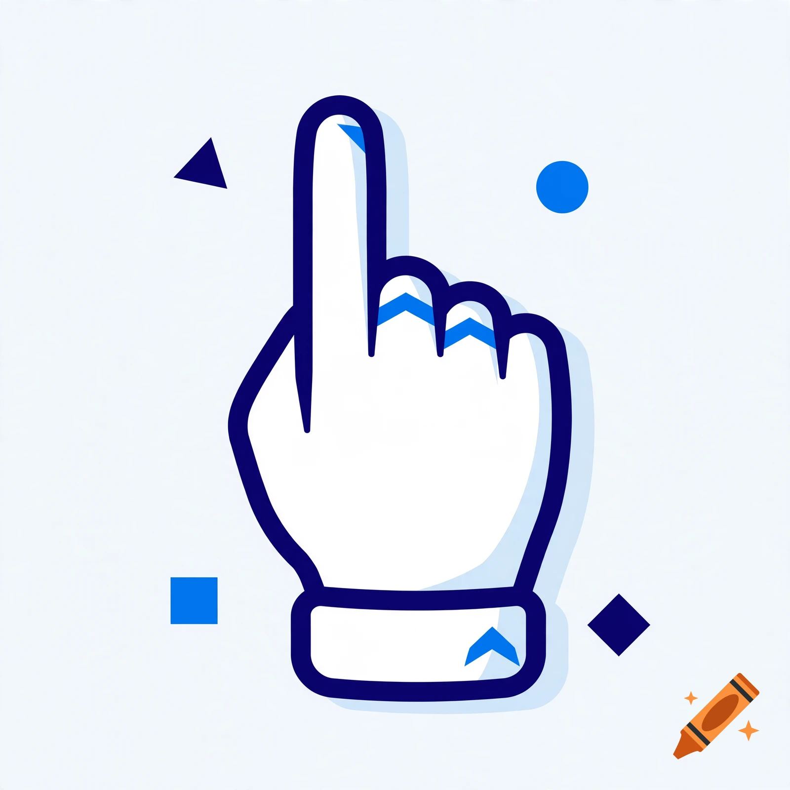 blue and white vector cursor hand pointing up with geometric shapes