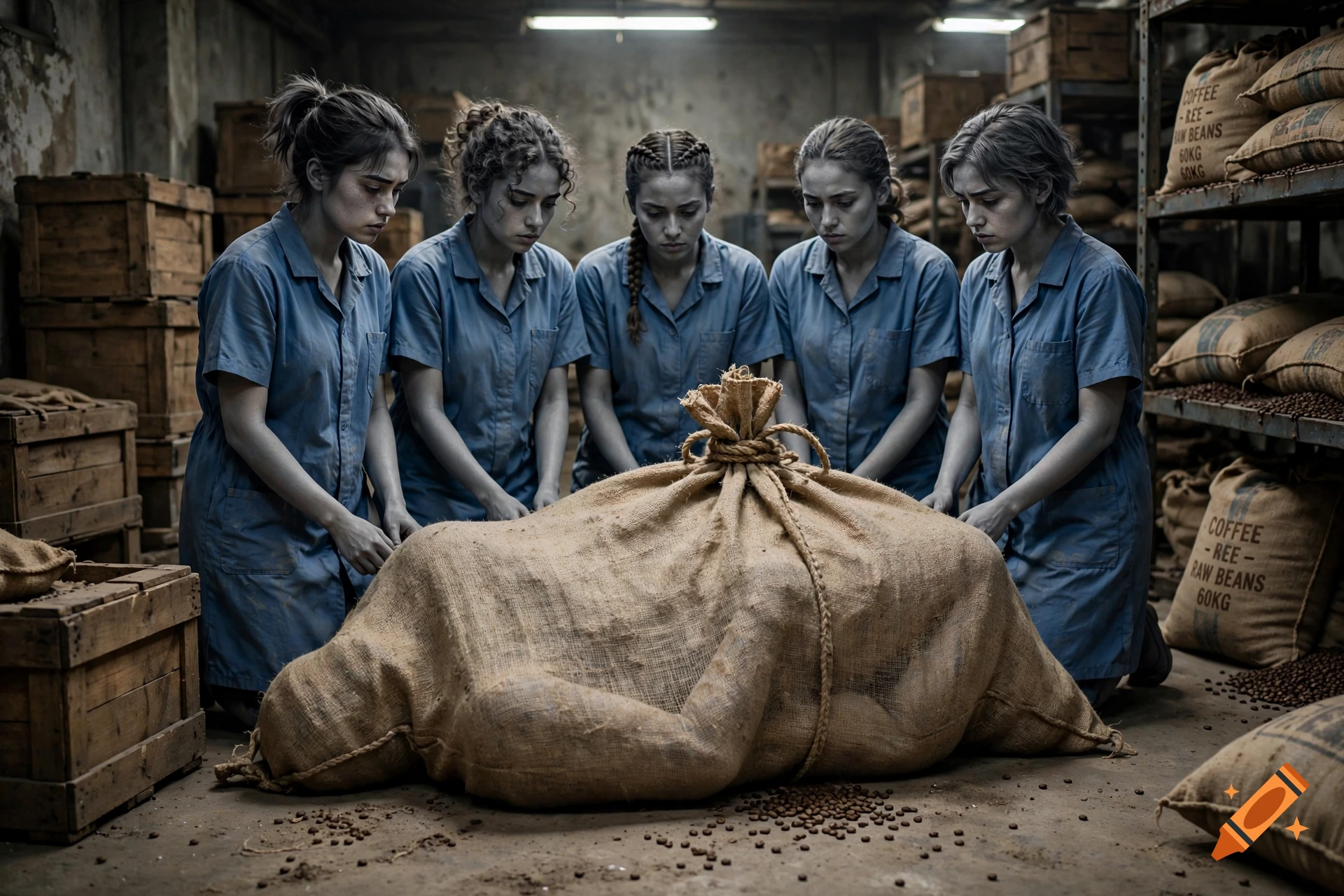 Five women in blue uniforms kneeling around a large tied burlap sack on a warehouse floor, photorealistic.