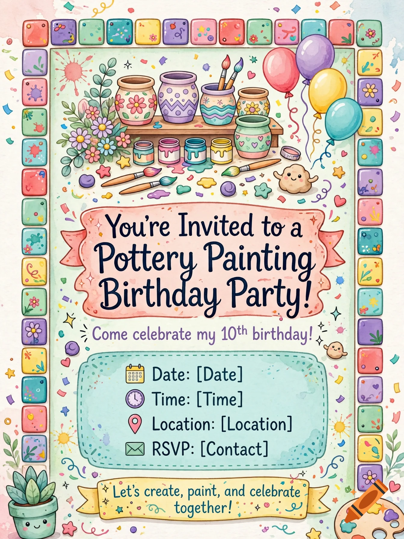 Watercolor birthday invitation for a pottery painting party with colorful pottery, balloons, and decorative tiles.