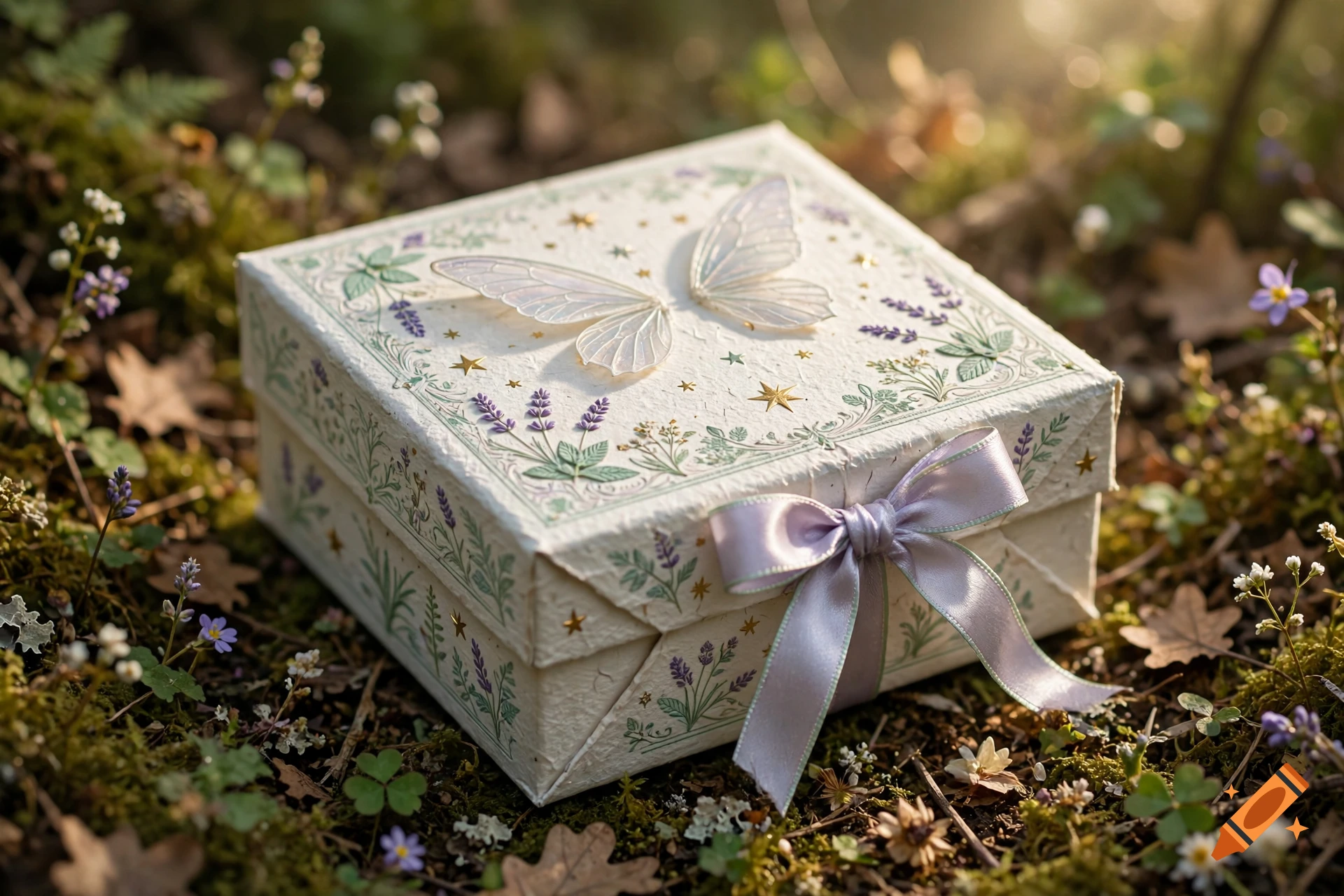 A decorative fairy gift box with a butterfly motif and purple ribbon, resting on moss in a forest.