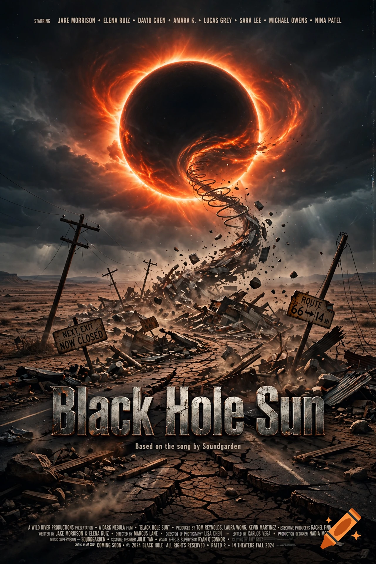 Horror movie poster depicting a dark apocalyptic landscape with a black hole sun sucking in debris and road.