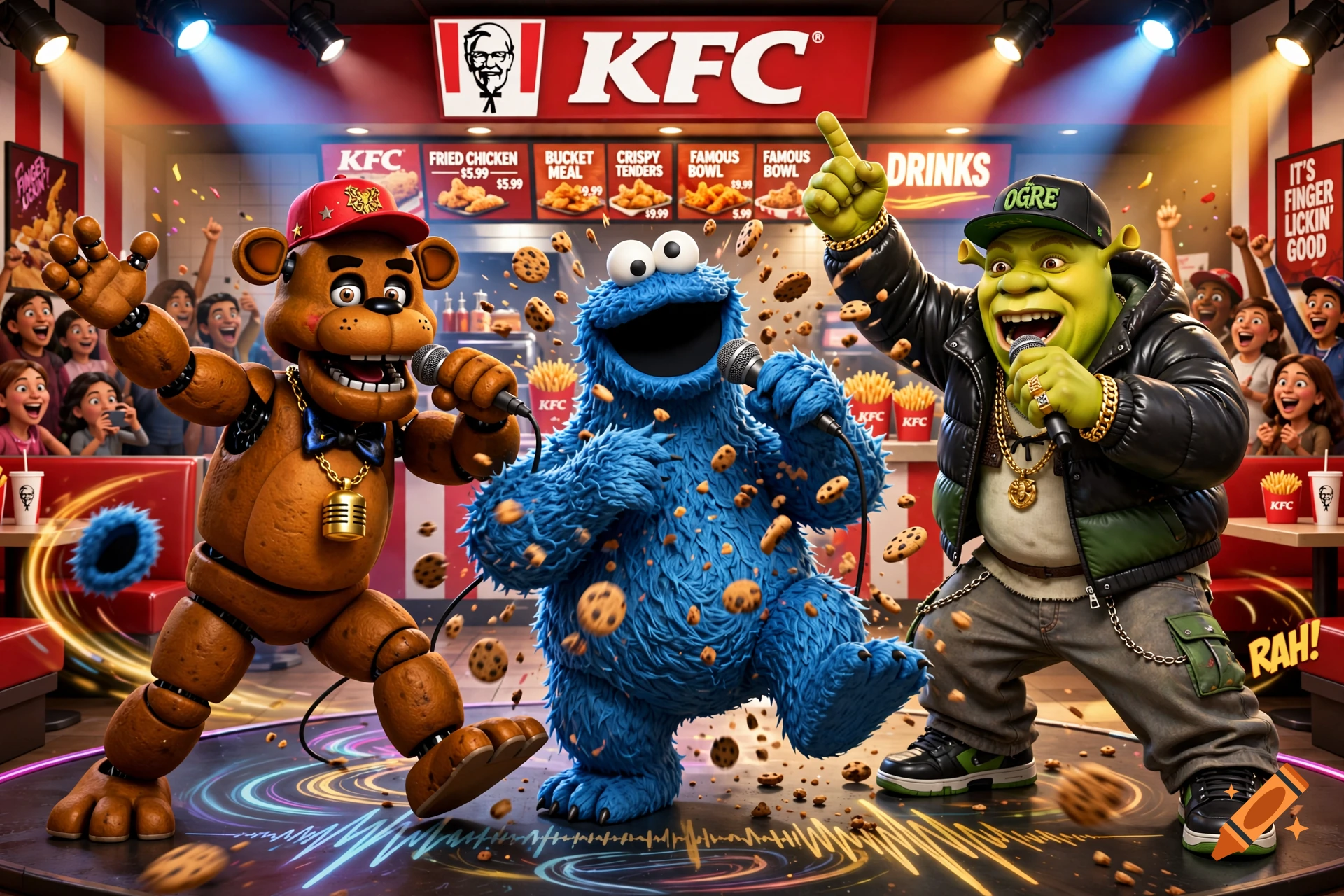 Freddy Fazbear, Cookie Monster, and Shrek rapping together in a brightly lit KFC restaurant, digital art.
