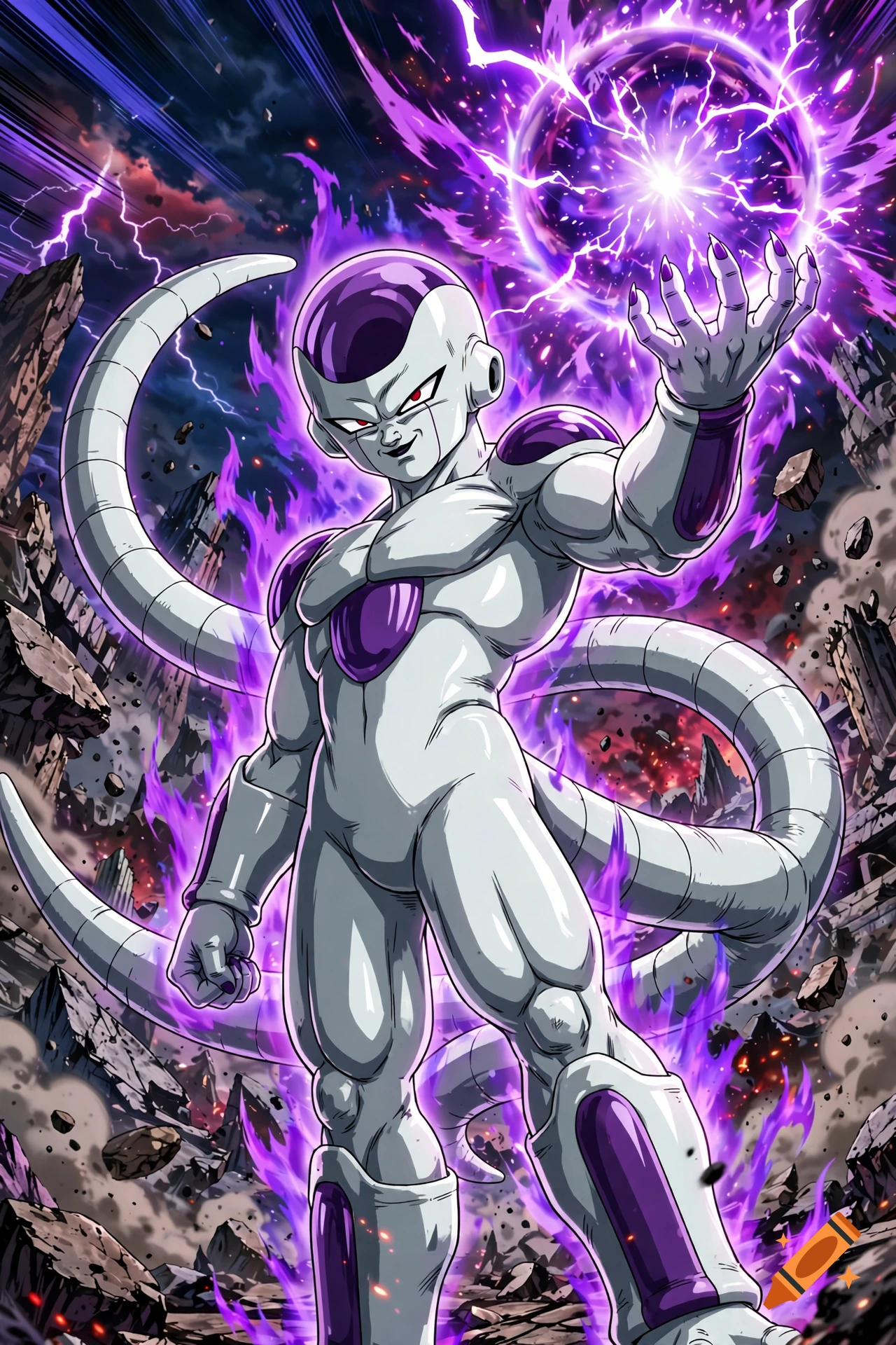 Frieza in final form glowing with purple energy and holding an energy sphere, anime style.