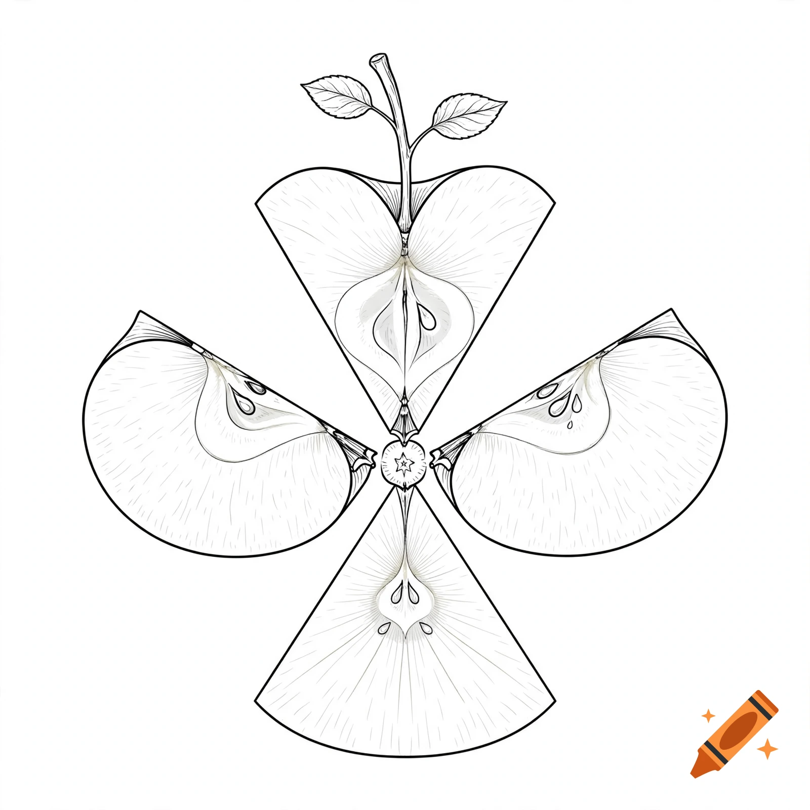 Black and white line drawing of an apple cut into four connected slices with leaves and stem on top.