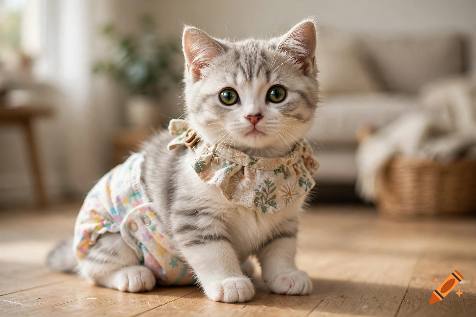 Photorealistic image of a cute grey and white kitten sitting on a wooden floor, wearing a patterned diaper and ruffled collar.