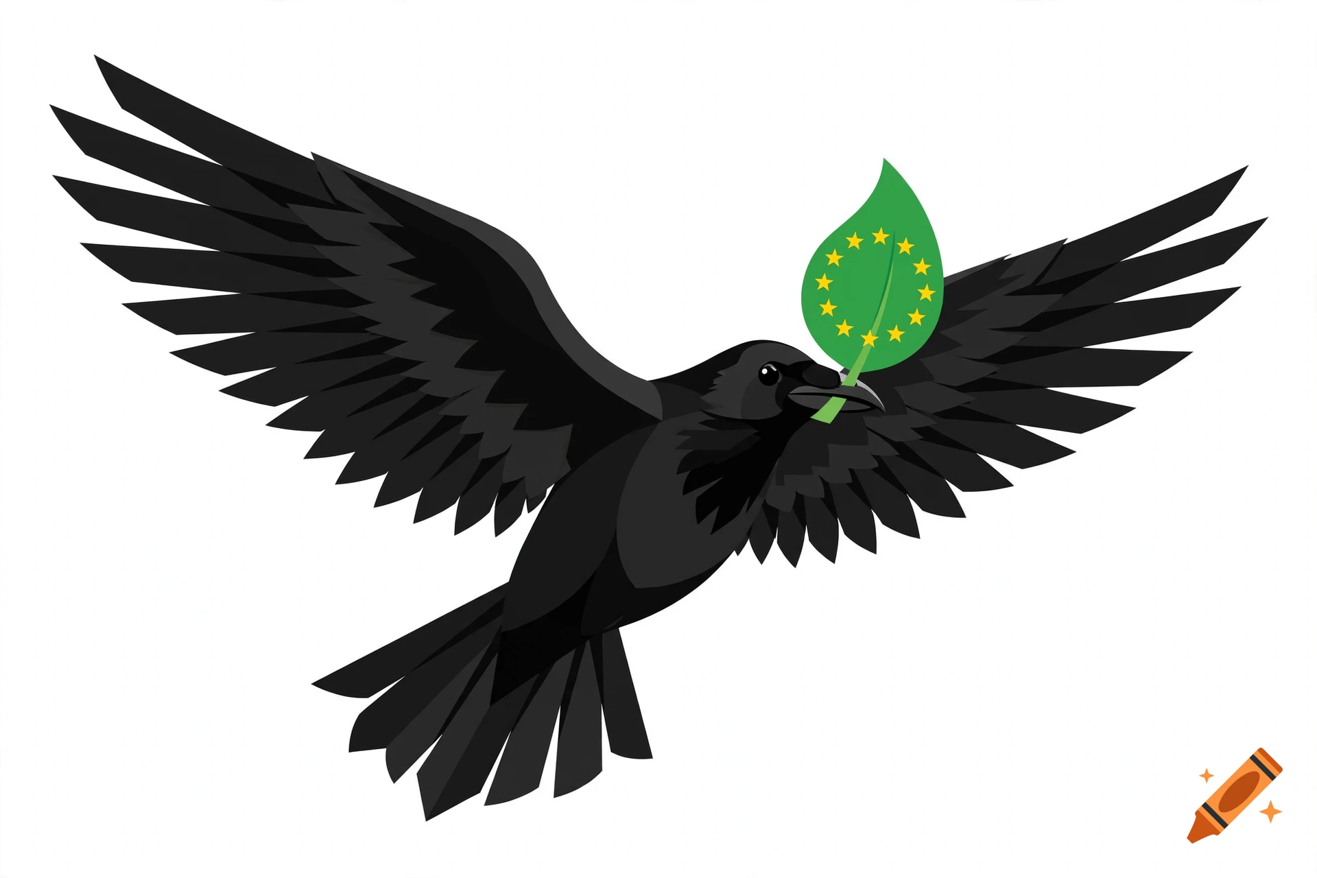A sleek black crow in mid-flight, holding a green leaf with a ring of yellow stars in its beak, vector art style on a white background.