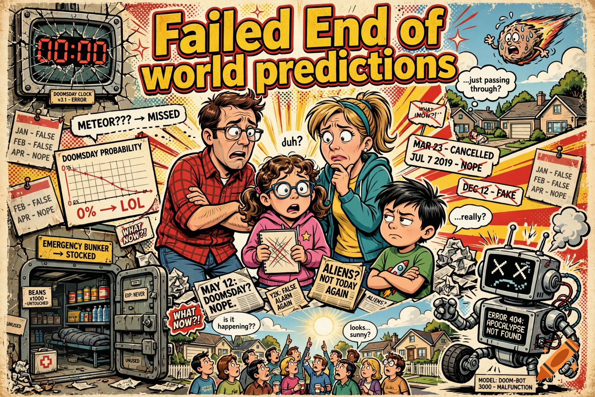 Animated Family Guy style poster depicting failed end of the world predictions with comedic characters and text elements.