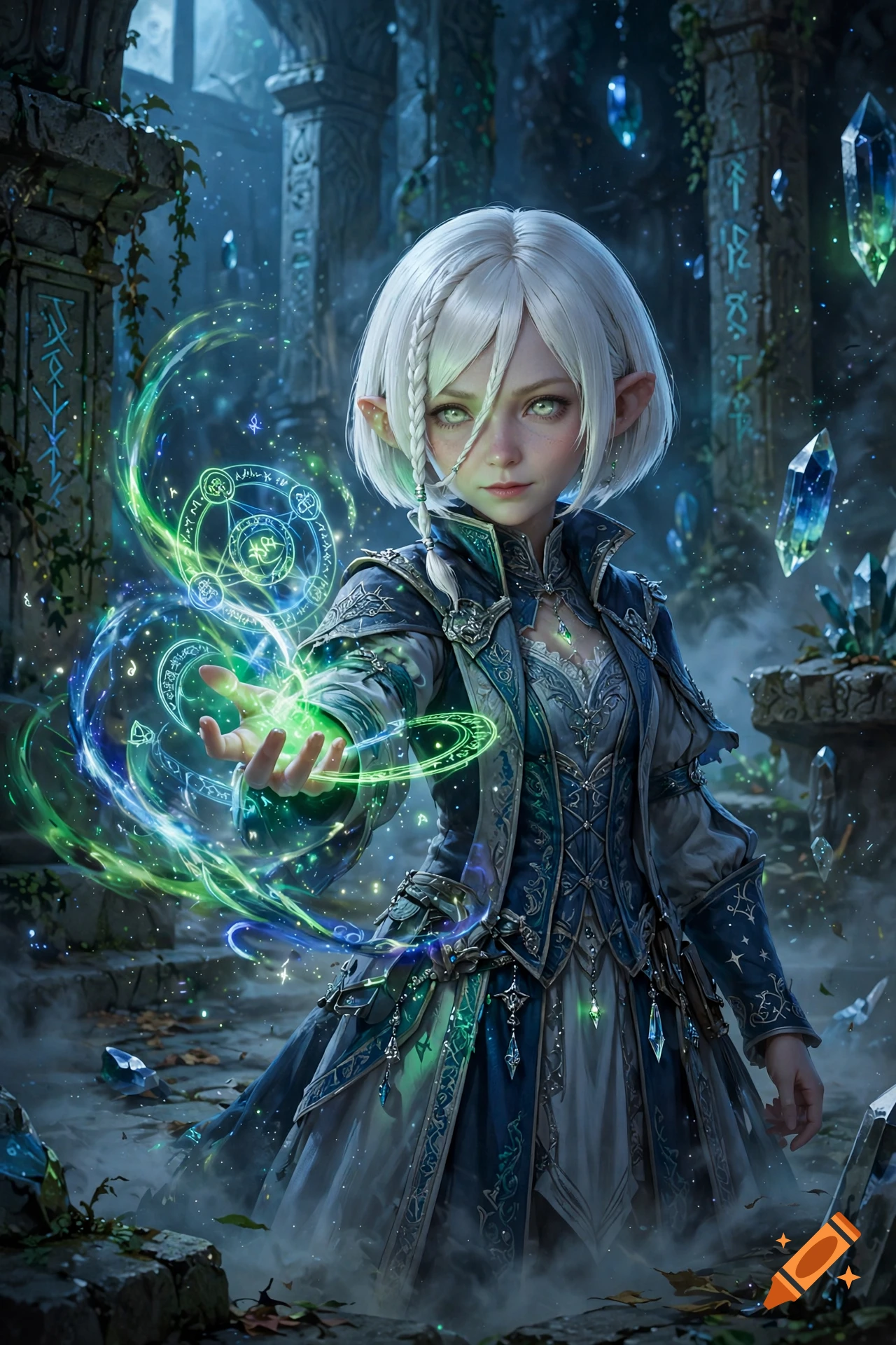 Digital illustration of a young elf-like mage with white hair and green eyes casting magic from her hand in a ruined temple.