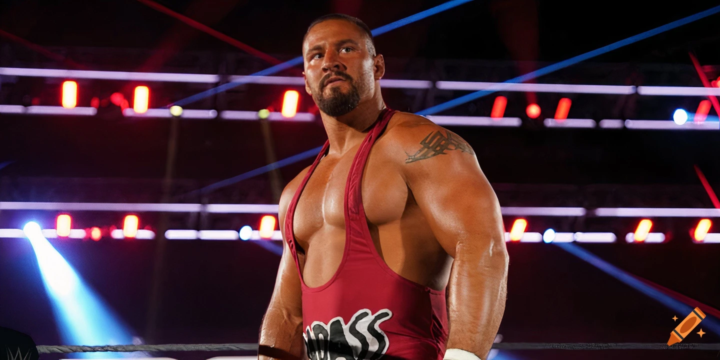 Photorealistic medium shot of a professional wrestler wearing a red singlet in a ring with lit lighting rigs in the background.
