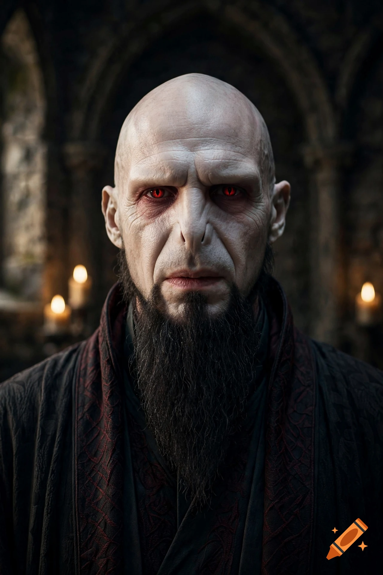 Photorealistic close-up portrait of Voldemort with a dark beard and glowing red eyes inside a stone archway with candles.