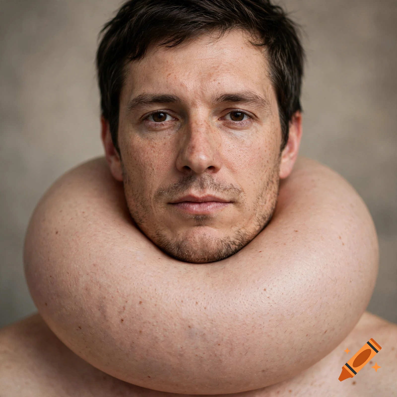 Photorealistic close-up portrait of a man with an exaggeratedly large, smooth, flesh-toned balloon-like neck.
