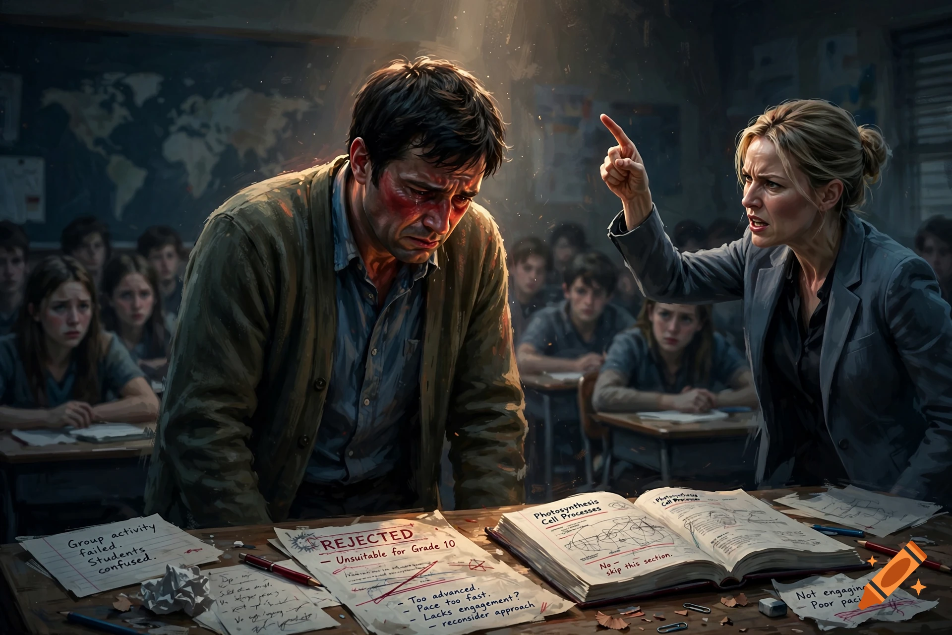 A distressed male teacher being criticized by a female colleague in front of a classroom, digital illustration.
