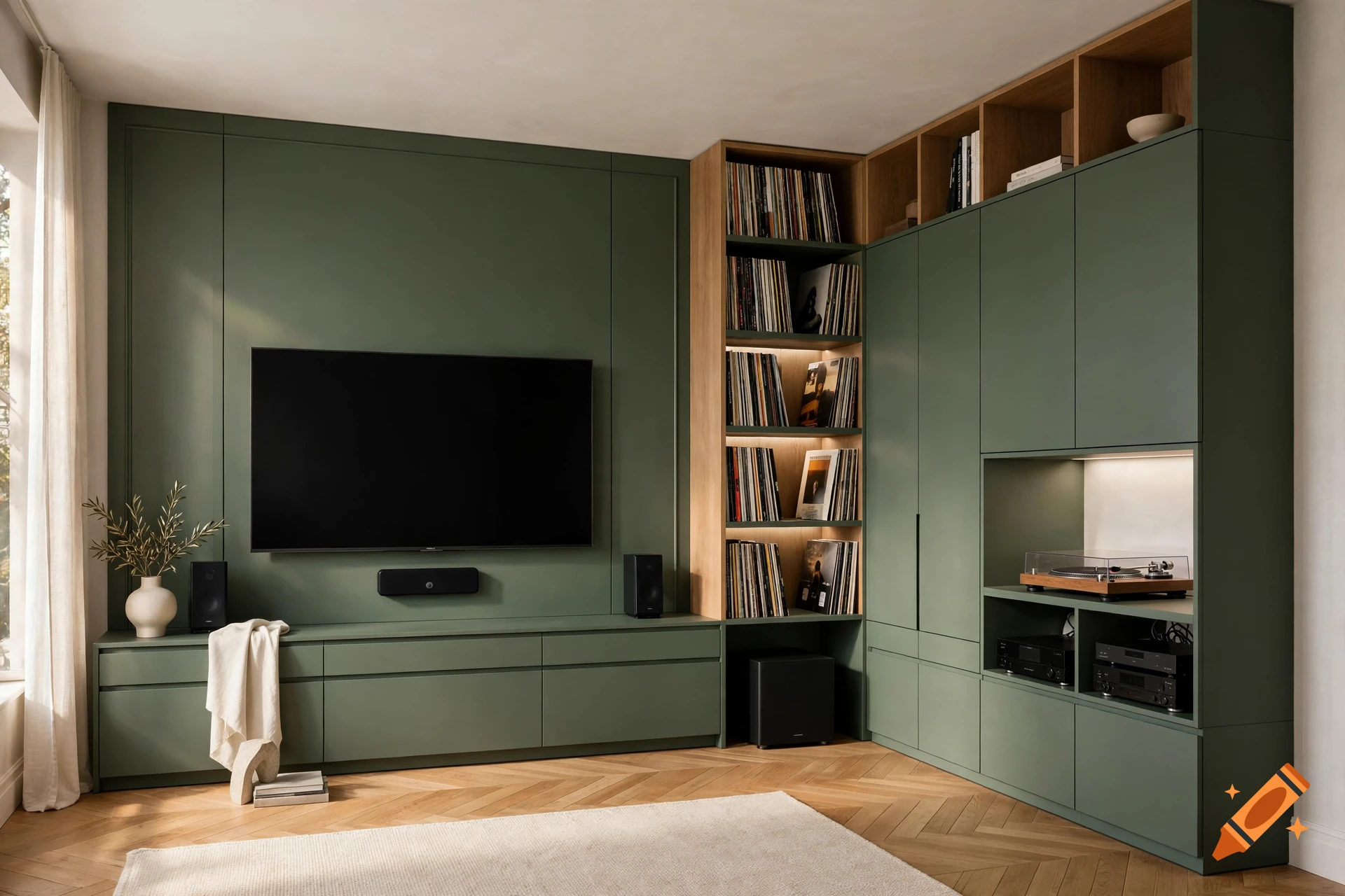 Modern living room with green walls, custom wooden cabinetry, a wall-mounted TV, vinyl records, and herringbone wood floors. Photorealistic.