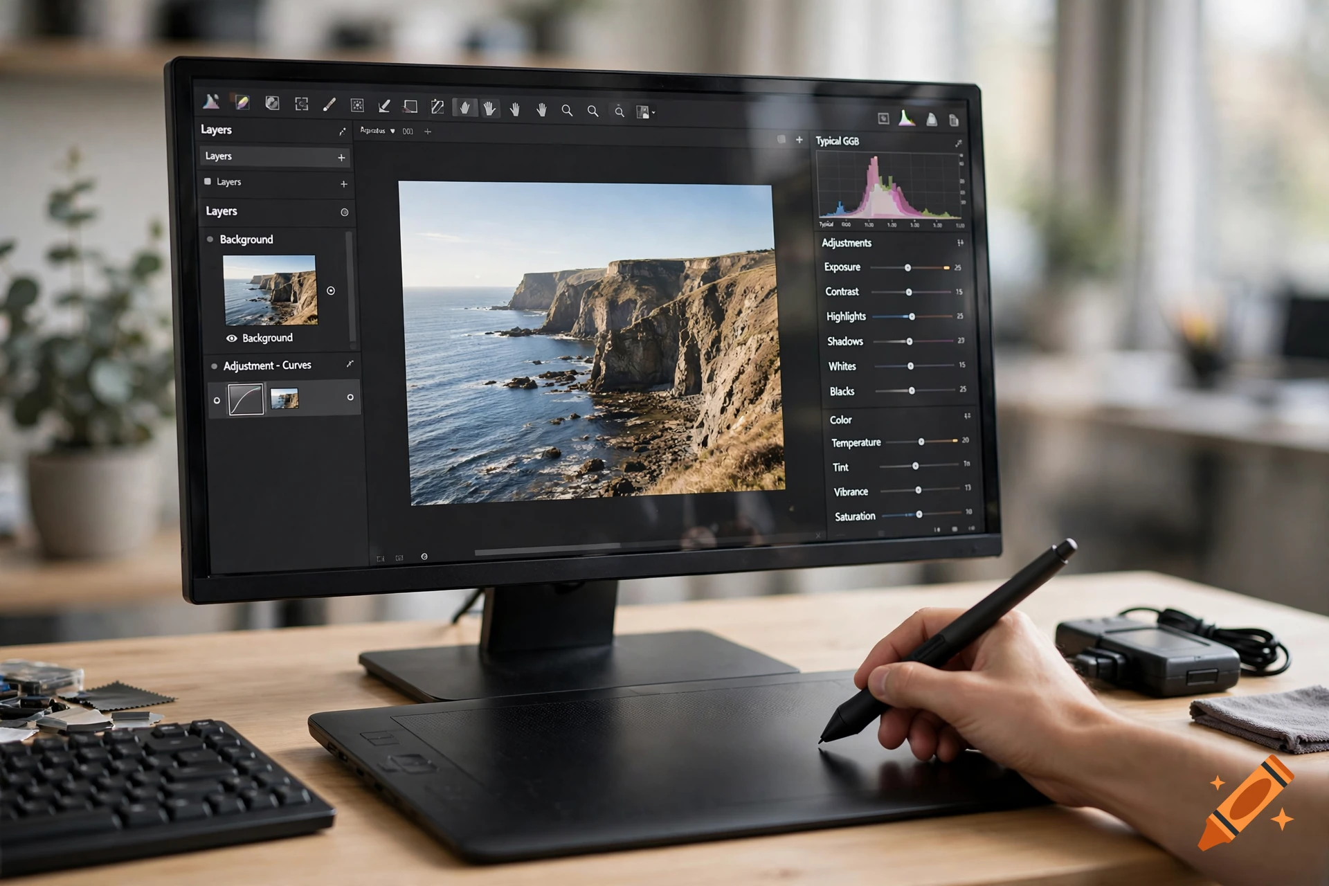 Close-up of a monitor displaying photo editing software with a landscape photo, while a hand uses a stylus on a graphics tablet.