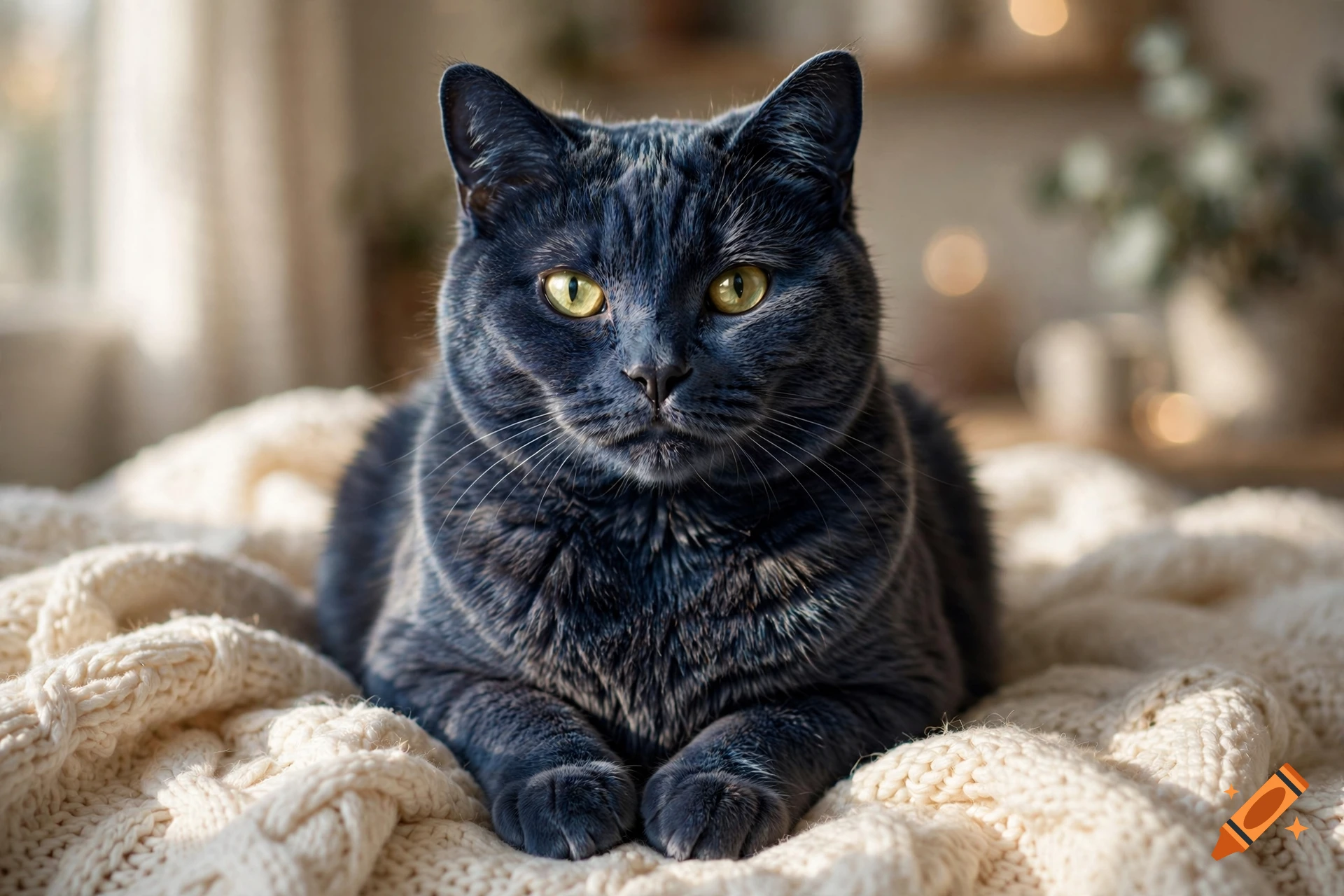 Photorealistic close-up of a navy blue cat lying on a white knit blanket indoors.