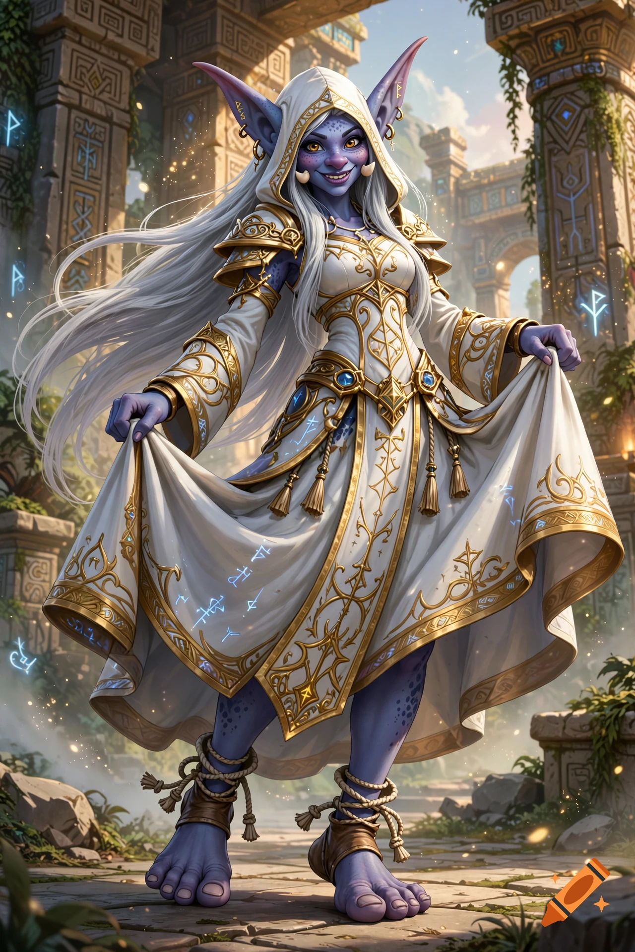 Digital fantasy illustration of a female Troll with purple-blue skin, silver hair, and ornate white and gold robes in a ruined temple.