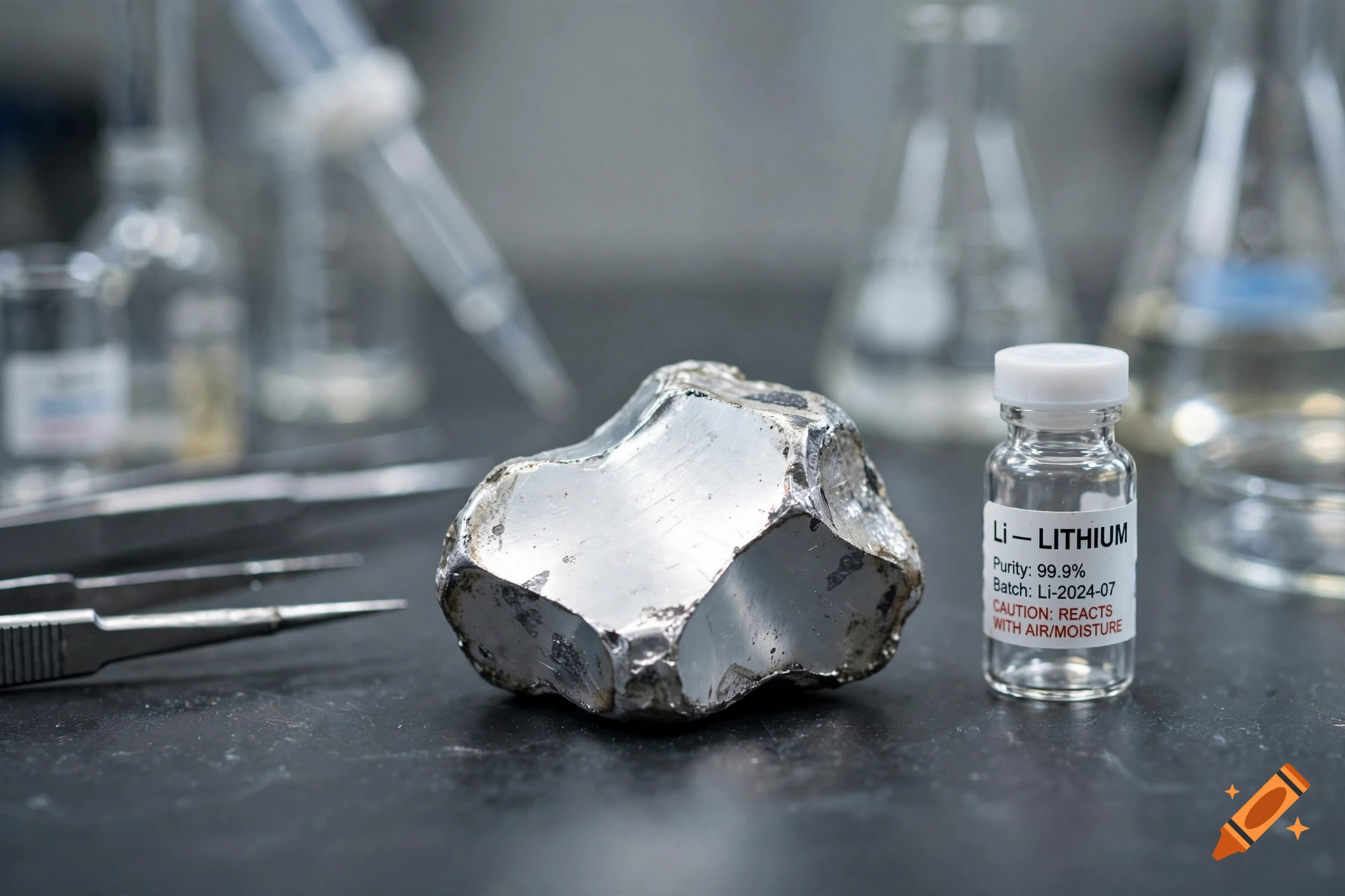 Photorealistic laboratory setting with a metallic lithium sample and a labeled sample vial.