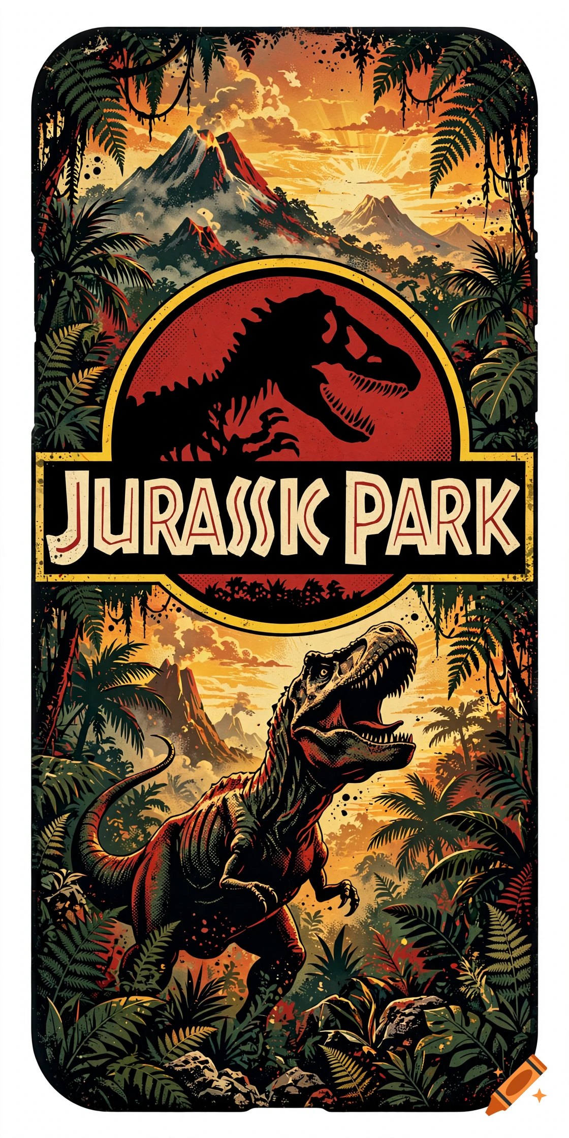 Jurassic Park phone case illustration featuring a T-Rex, jungle foliage, and sunset volcano background in vintage style.