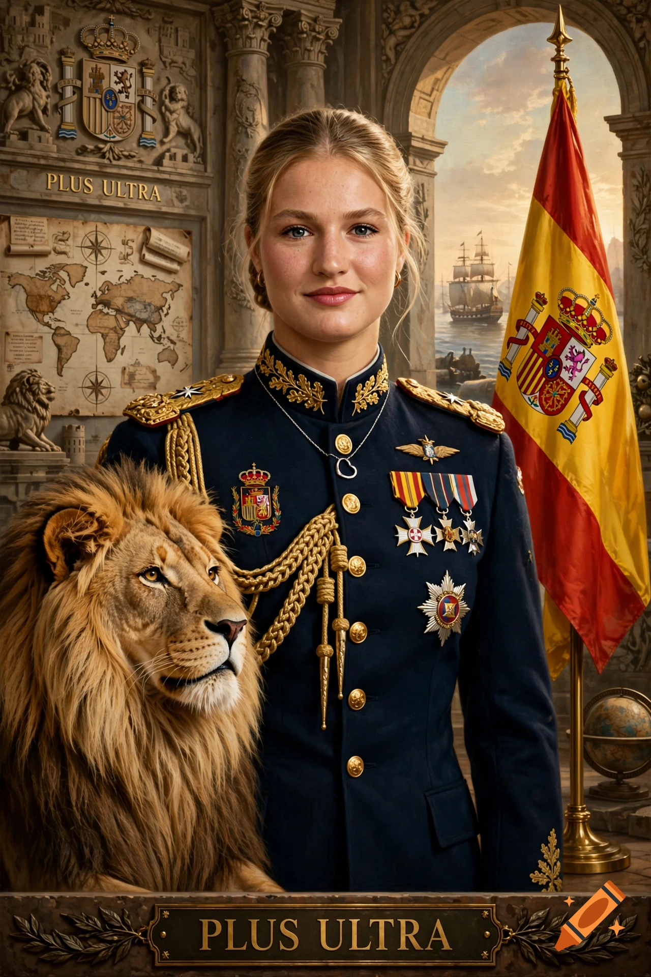 Oil style painting of Princess Leonor in military uniform with a Spanish lion and flag.