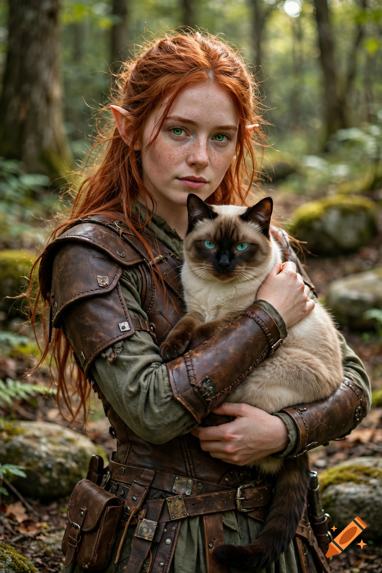 Photorealistic portrait of a female elf with red hair and green eyes holding a Siamese cat in a forest.