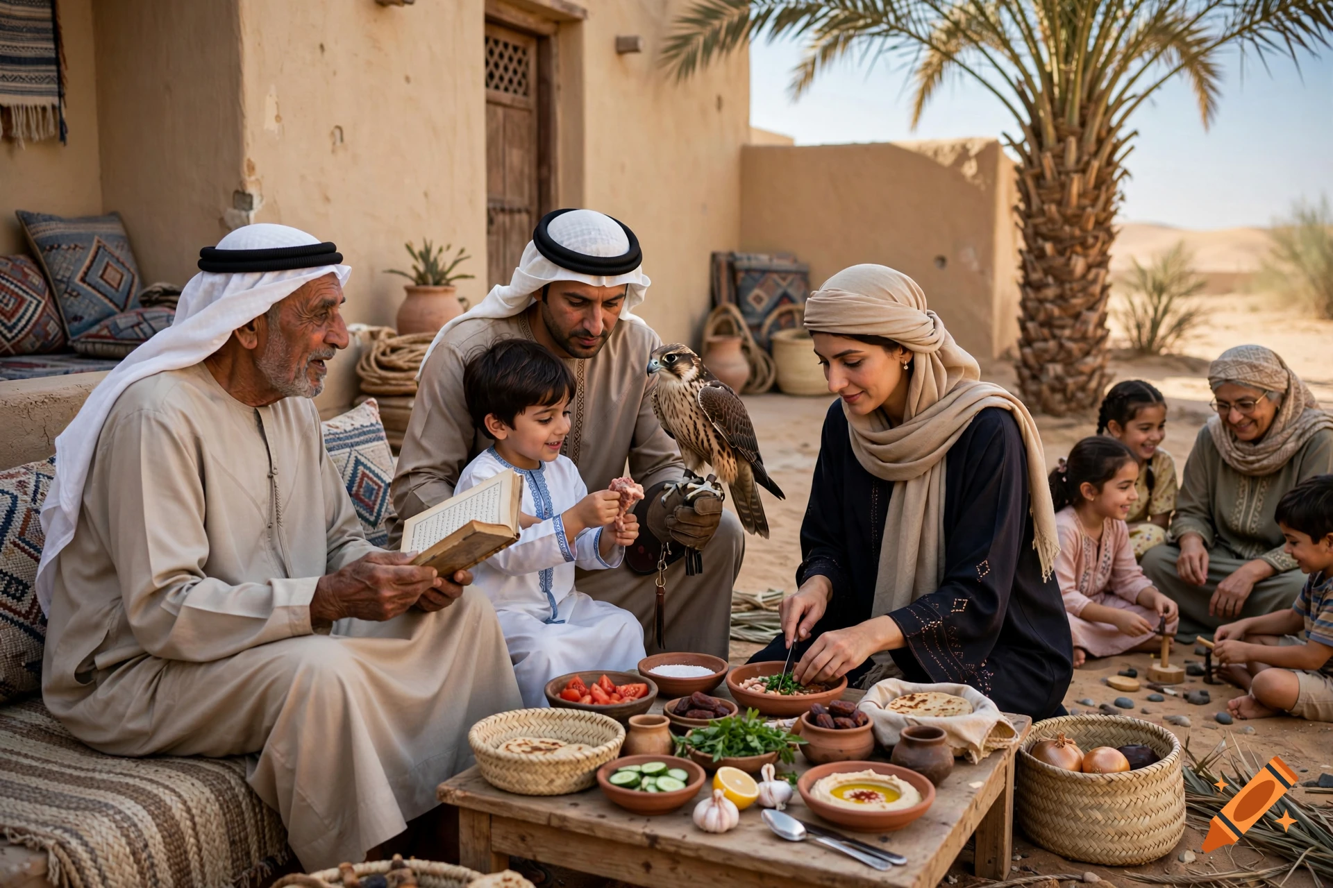 Photorealistic image of an Emirati family gathering in a traditional desert setting, sharing a meal with a falcon.