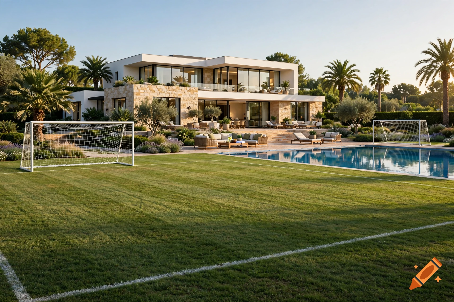 Photorealistic image of a modern luxury villa with a swimming pool and a soccer field in the foreground.