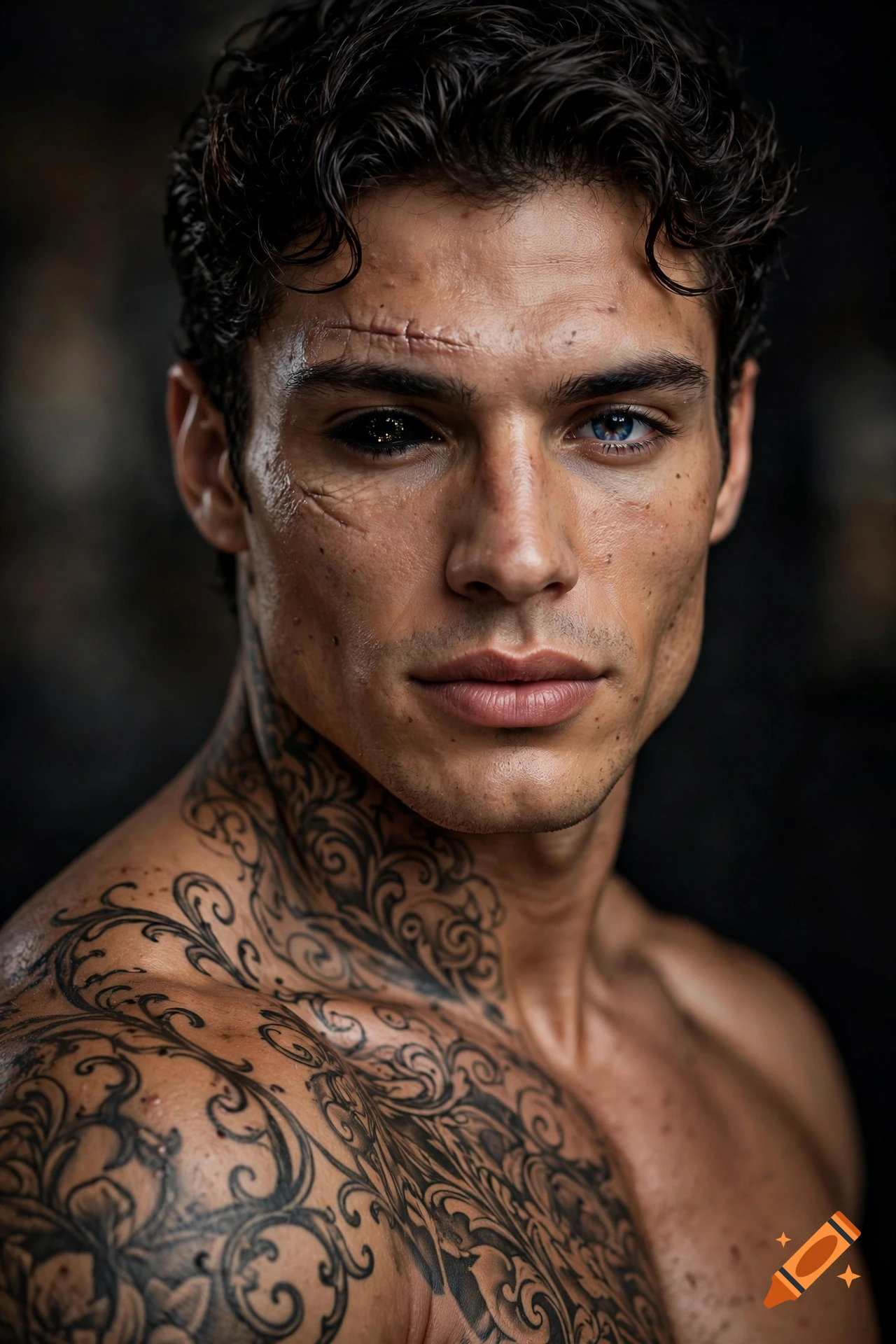 Close-up portrait of a muscular man with dark curly hair, elaborate tattoos on his neck and chest, facial scars, one onyx eye with gold specks, and one blue eye.
